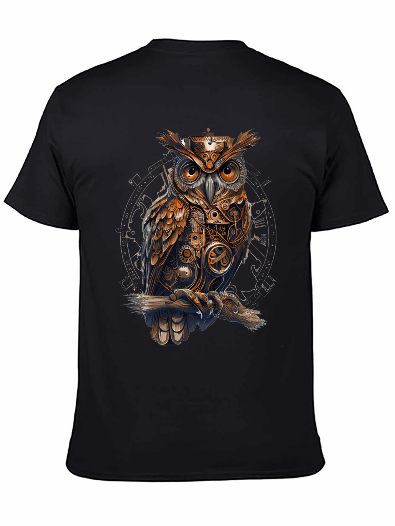 Steampunk Owl Graphic Print Black T-Shirt