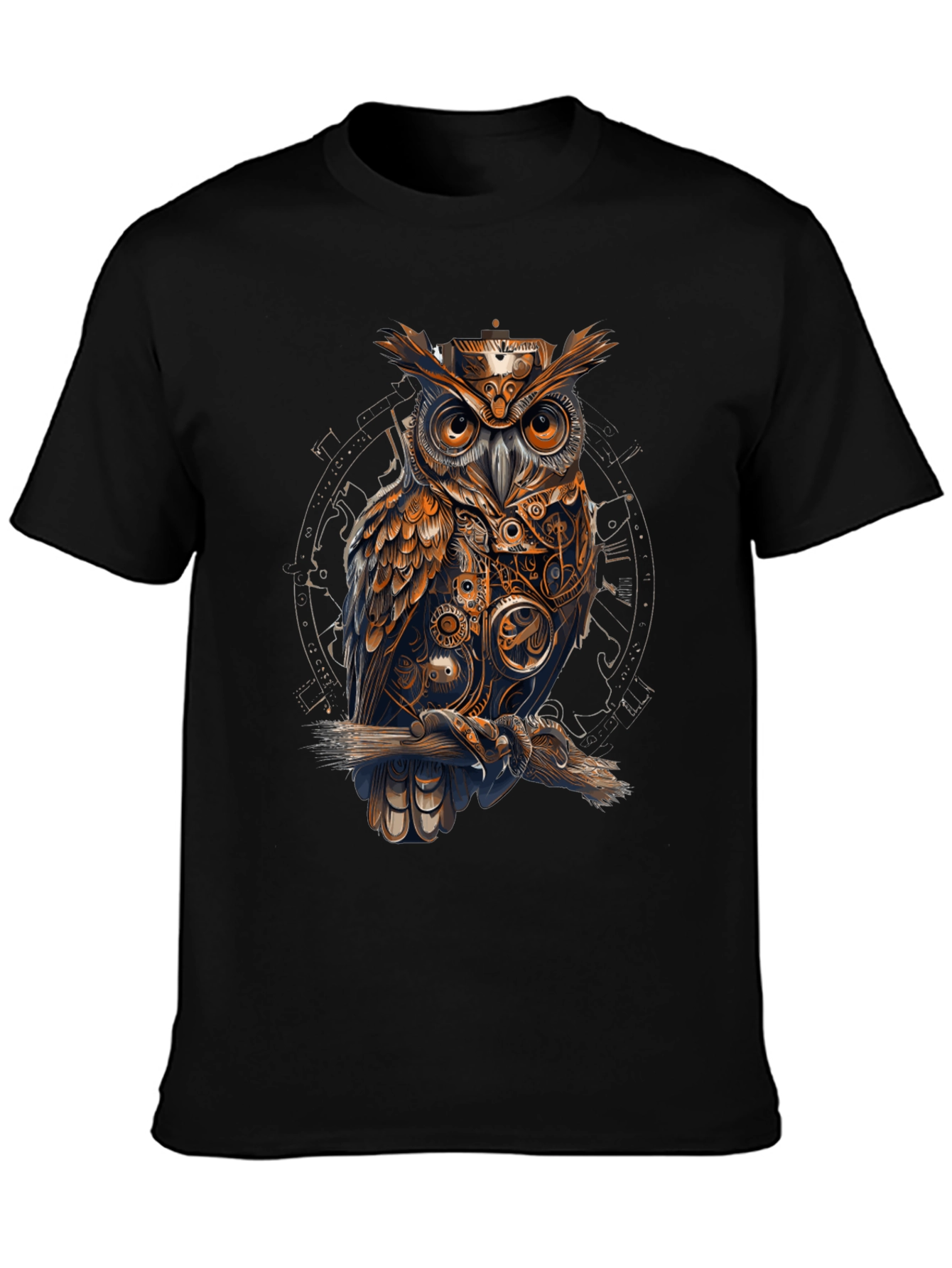 Steampunk Owl Graphic Print Black T-Shirt
