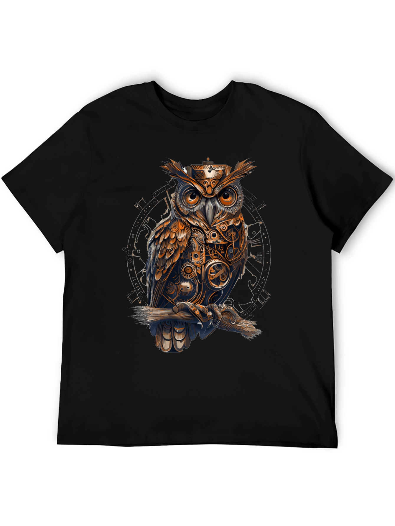 Steampunk Owl Graphic Print Black T-Shirt