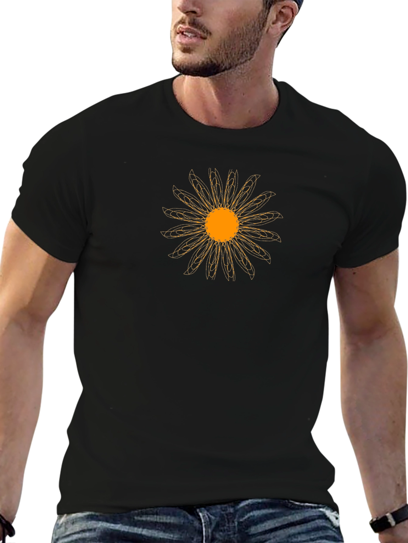 Black T-Shirt with Geometric Flower Design