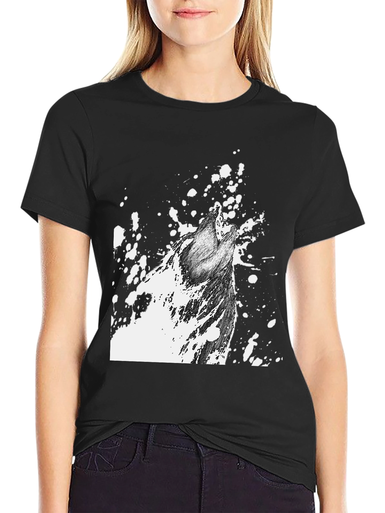 Wolf Howl Graphic Print T-Shirt - Black