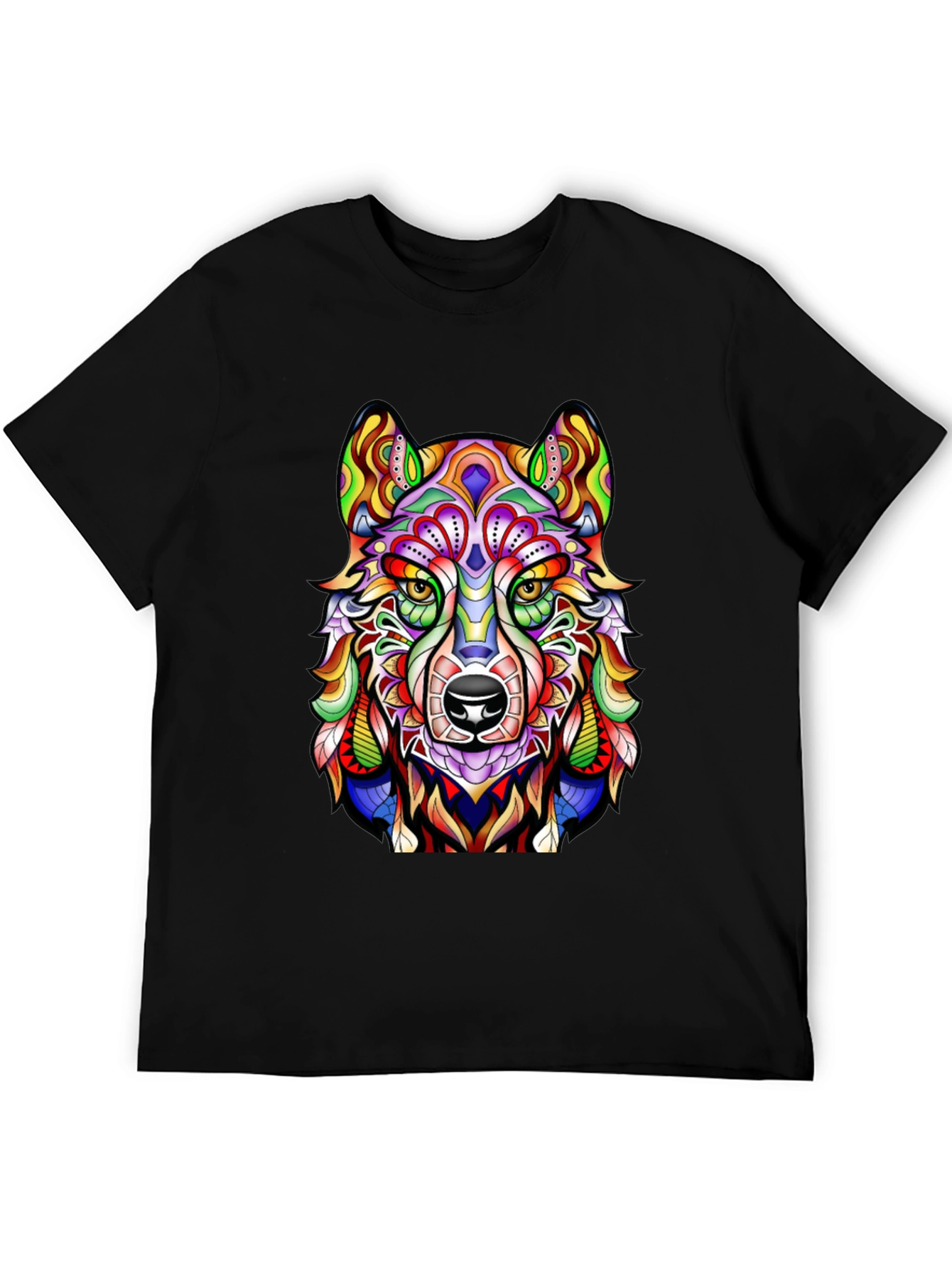 Vibrant Wolf Graphic Print Black T-Shirt