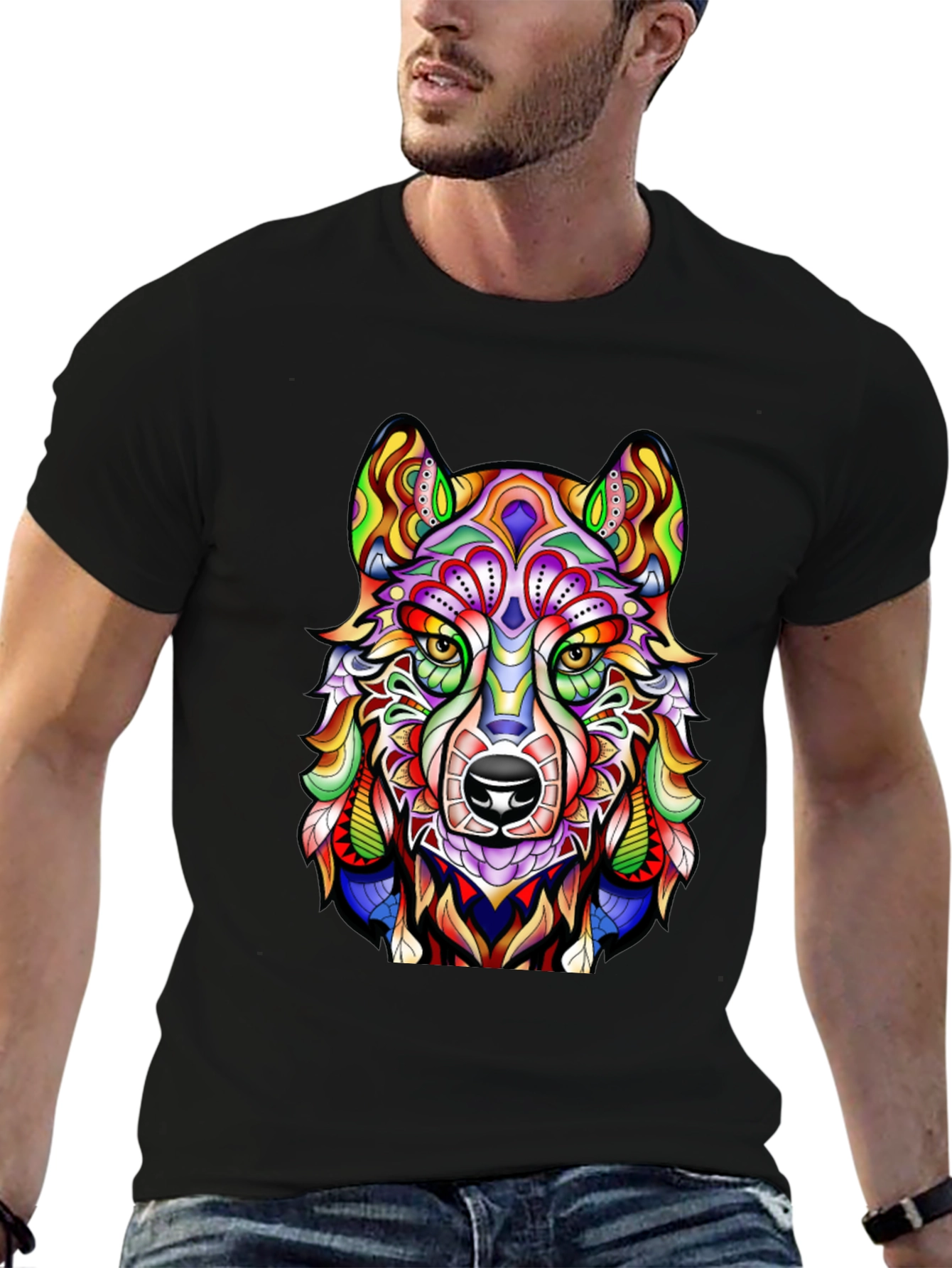 Vibrant Wolf Graphic Print Black T-Shirt