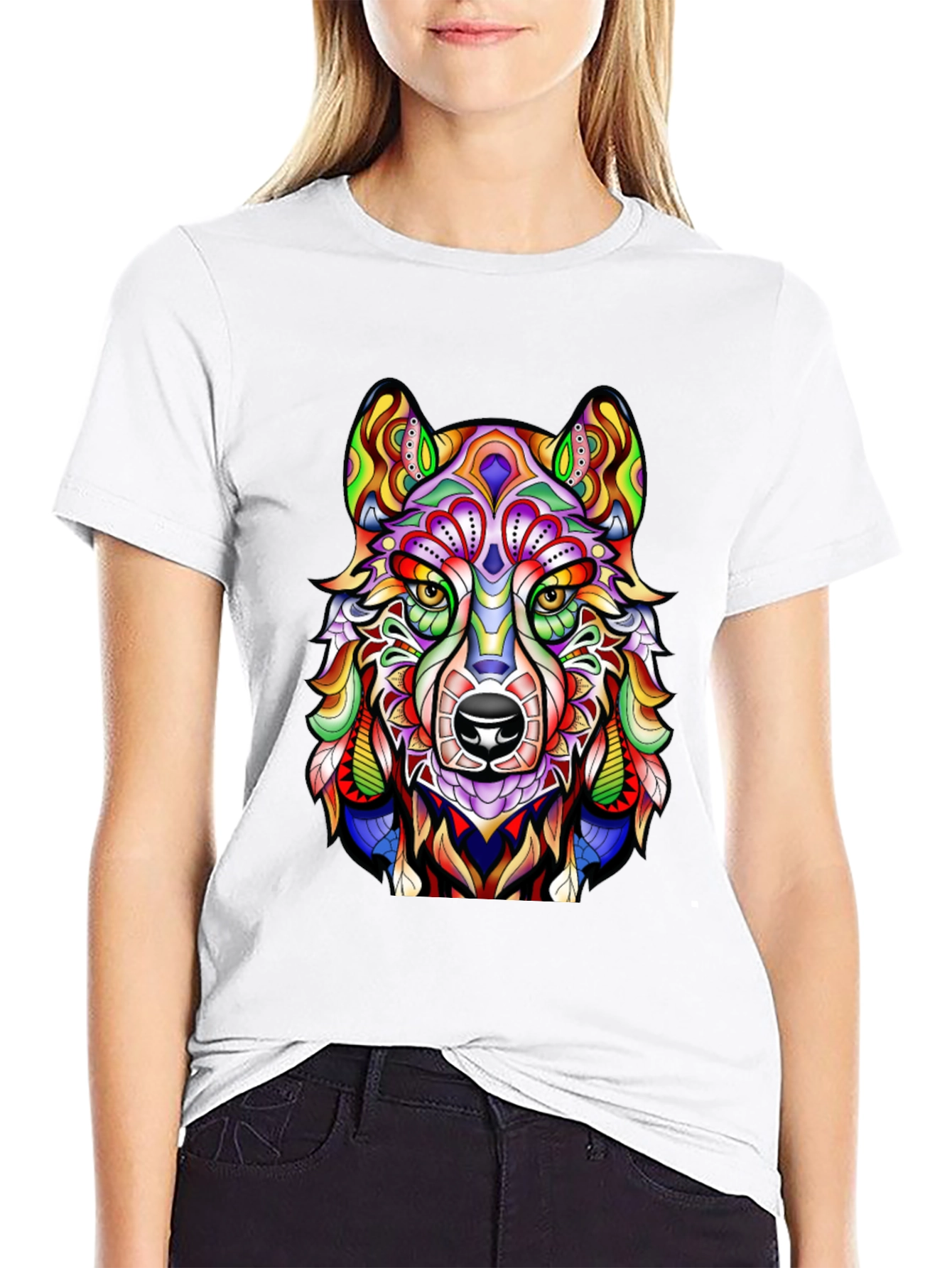 Vibrant Wolf Graphic Print Black T-Shirt