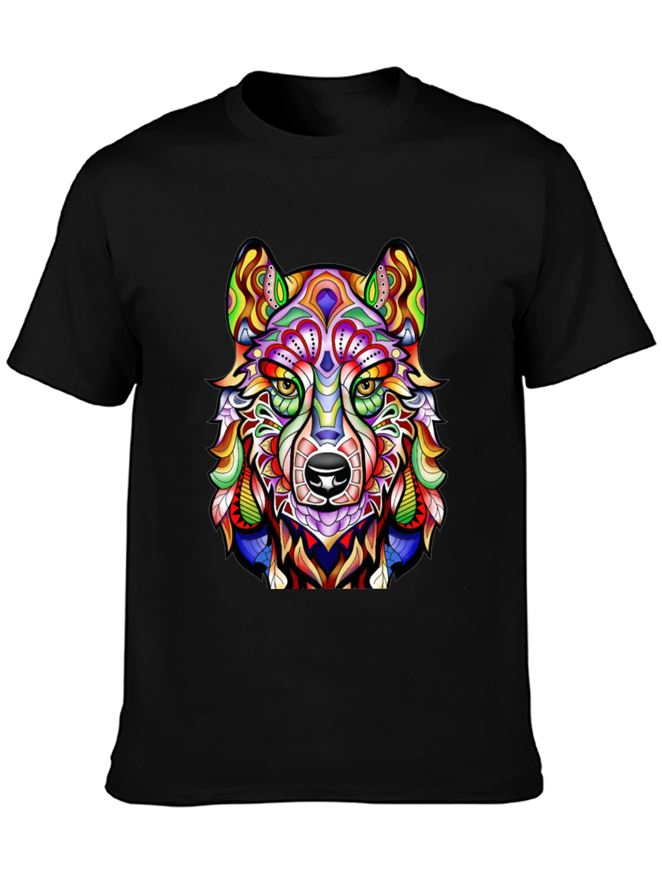 Vibrant Wolf Graphic Print Black T-Shirt