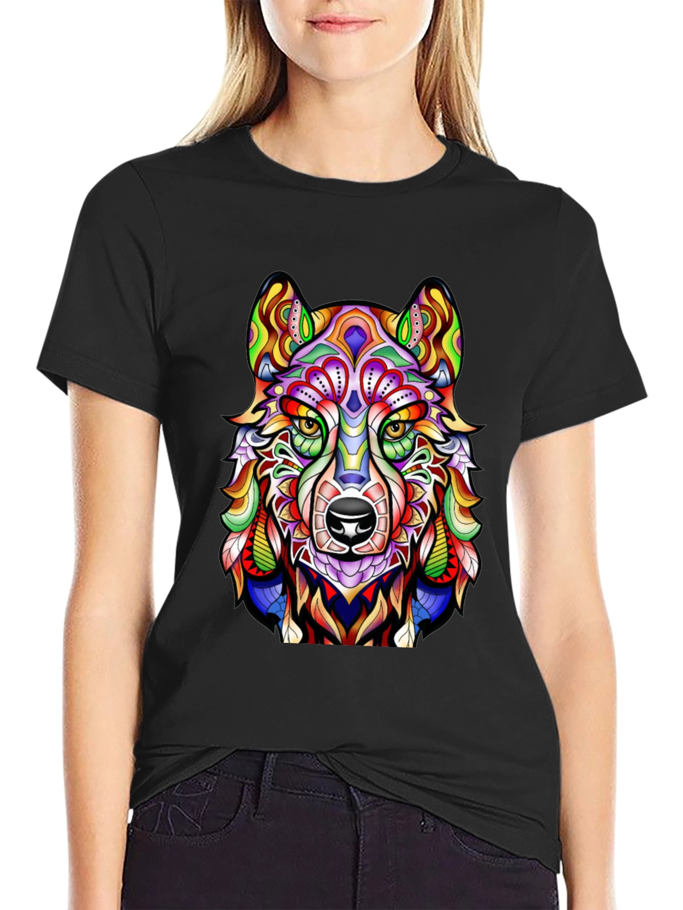 Vibrant Wolf Graphic Print Black T-Shirt