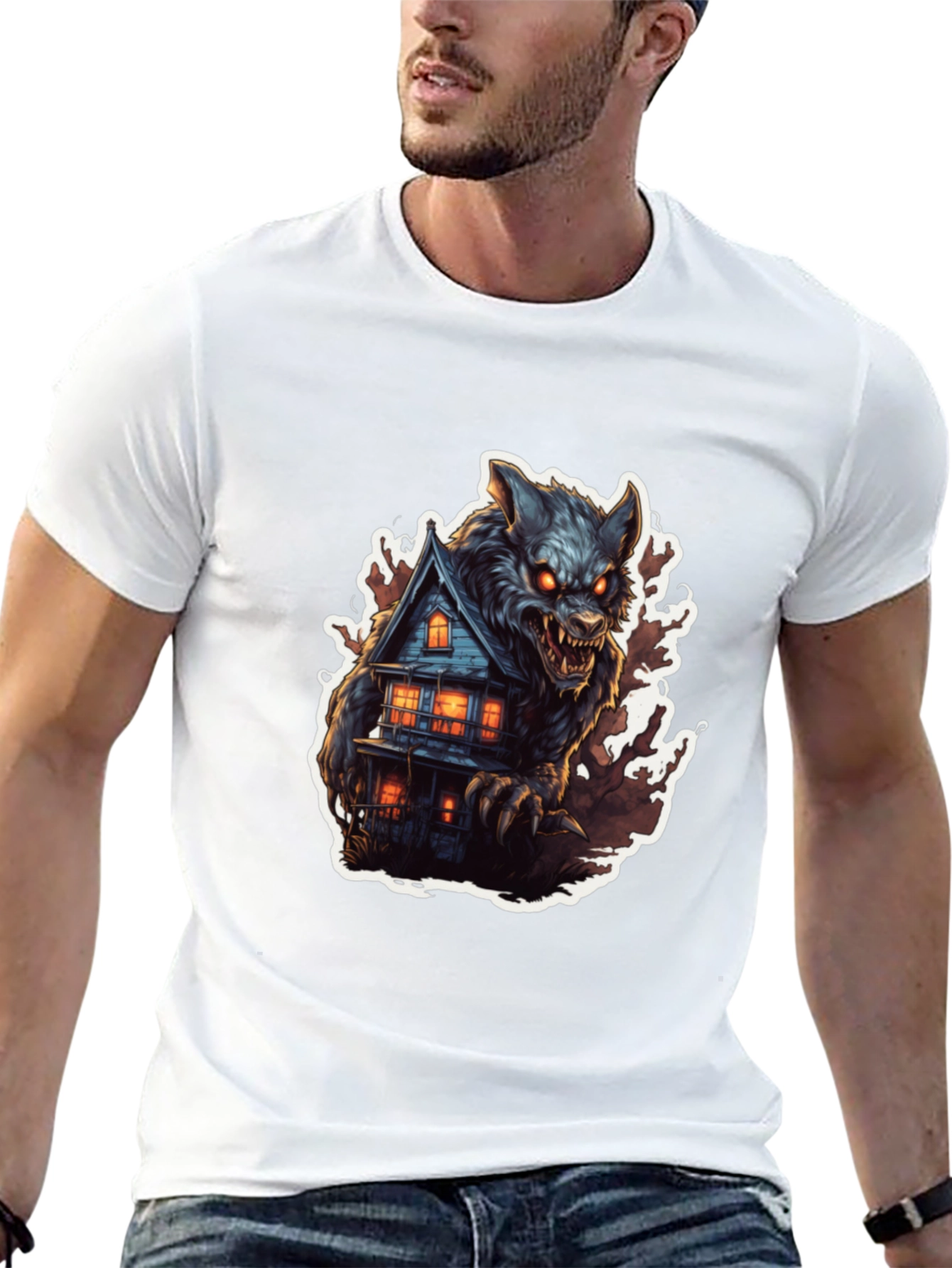 Werewolf Haunted House Graphic Tee - Black Cotton Blend