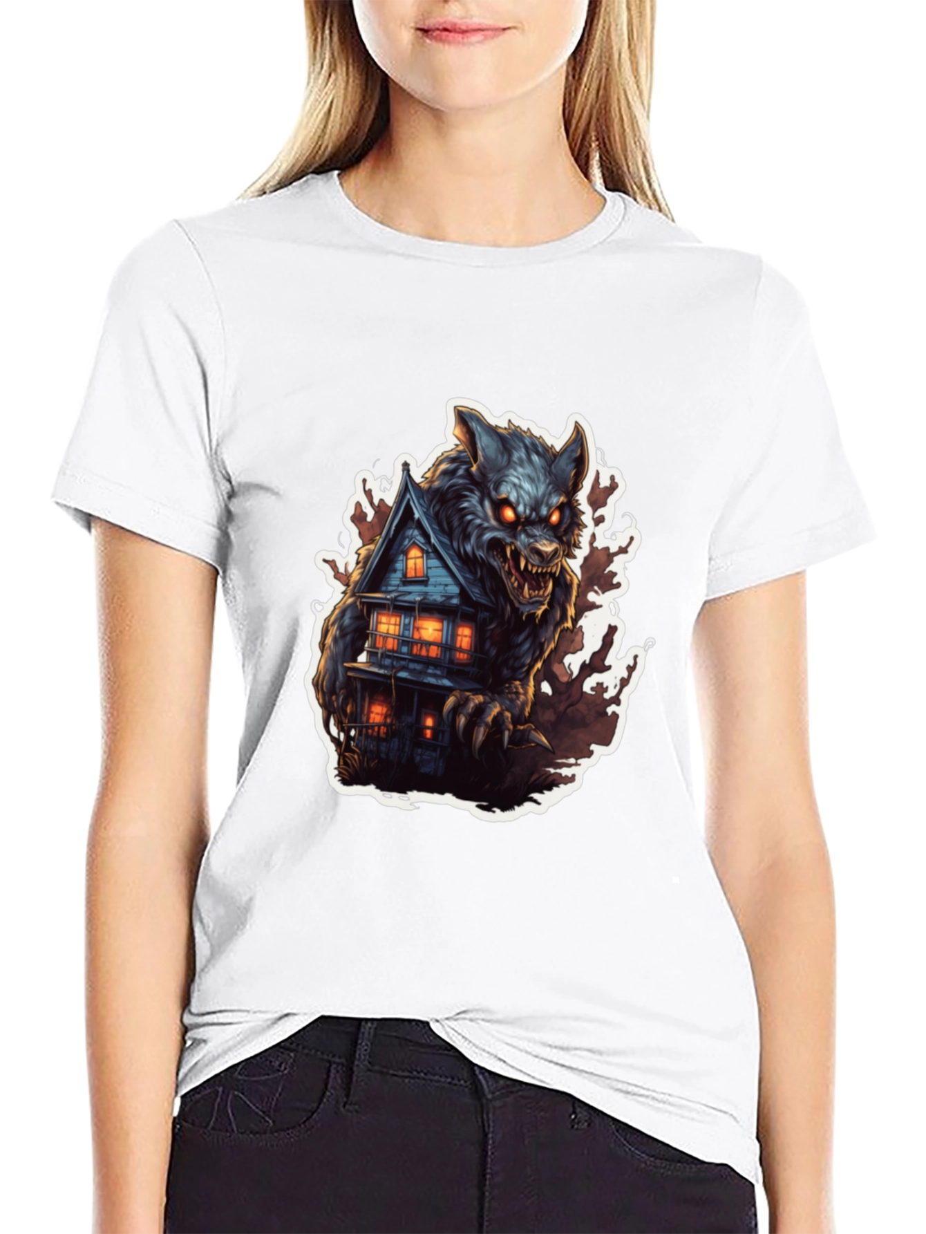Werewolf Haunted House Graphic Tee - Black Cotton Blend