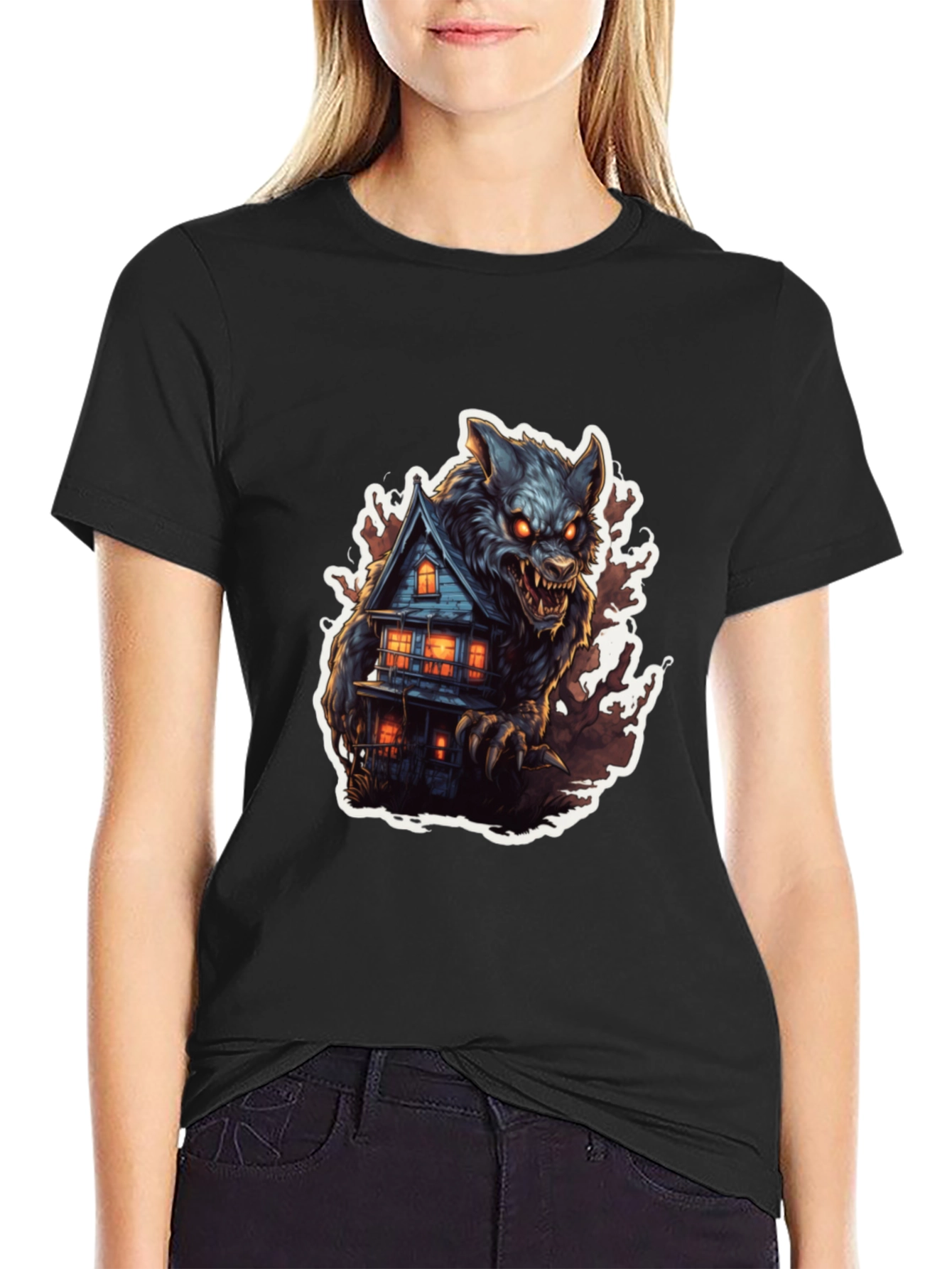 Werewolf Haunted House Graphic Tee - Black Cotton Blend