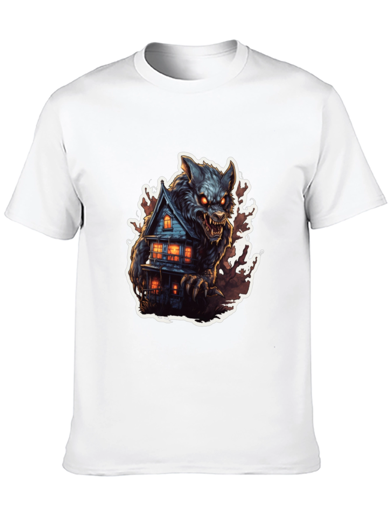 Werewolf Haunted House Graphic Tee - Black Cotton Blend
