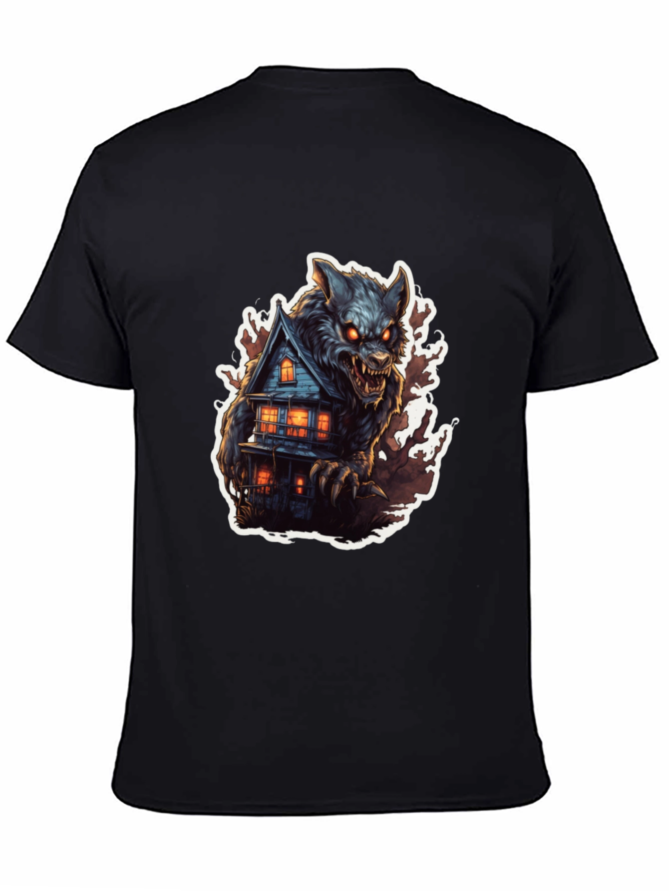 Werewolf Haunted House Graphic Tee - Black Cotton Blend