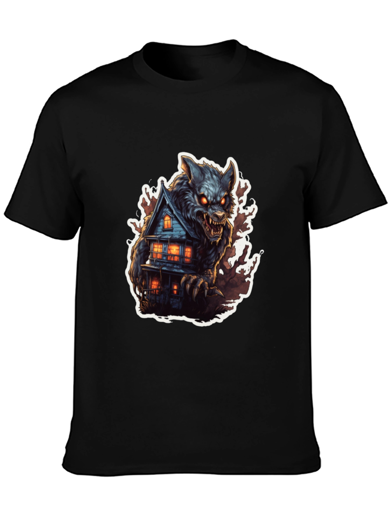 Werewolf Haunted House Graphic Tee - Black Cotton Blend