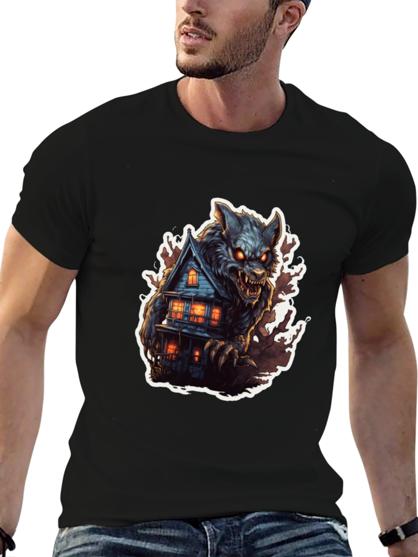 Werewolf Haunted House Graphic Tee - Black Cotton Blend