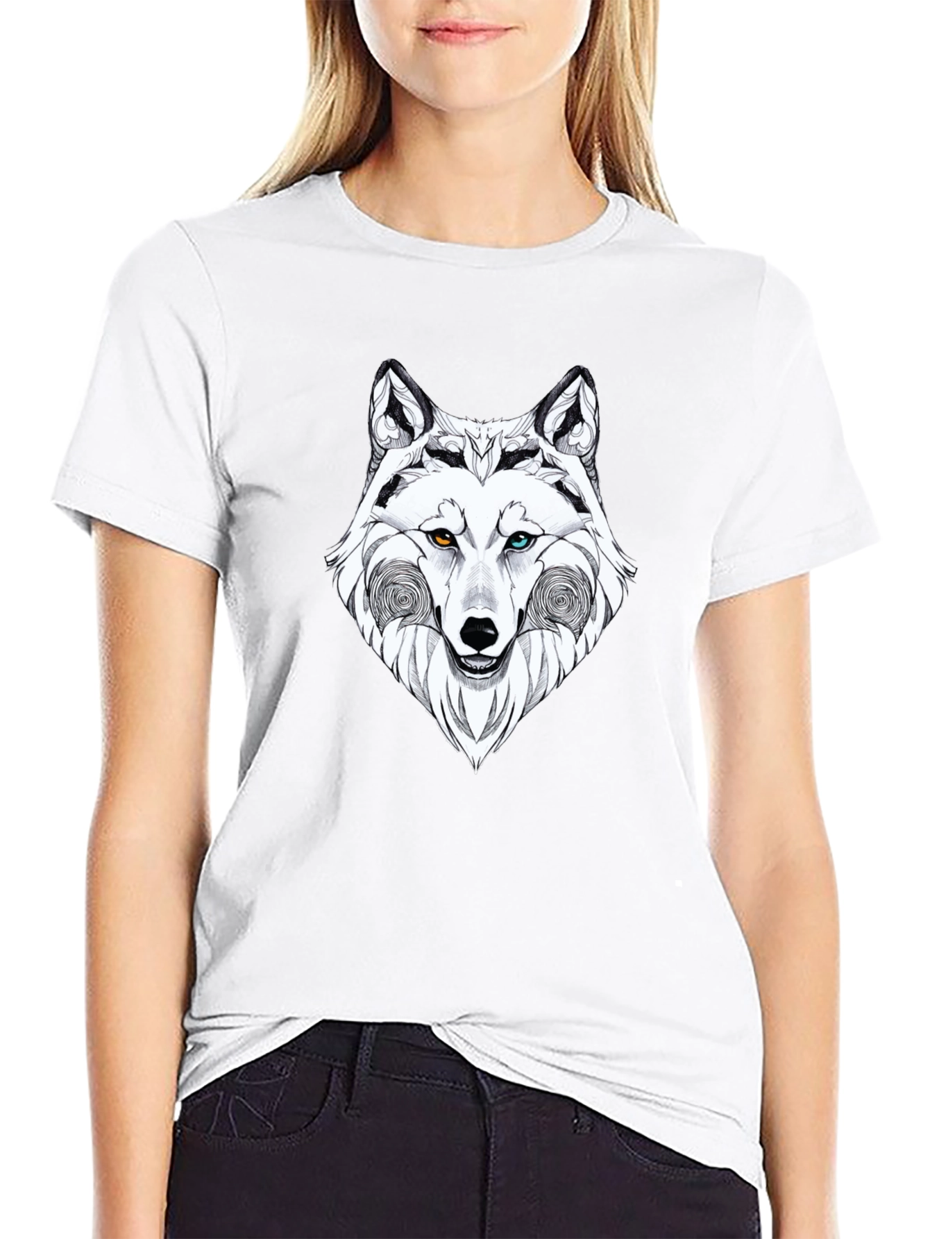 Wolf Graphic Black T-Shirt - Heterochromia Eyes