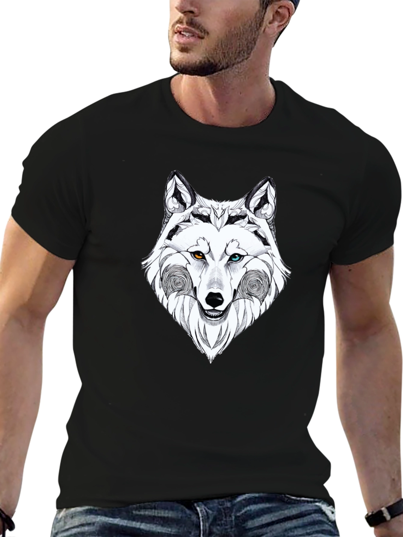 Wolf Graphic Black T-Shirt - Heterochromia Eyes