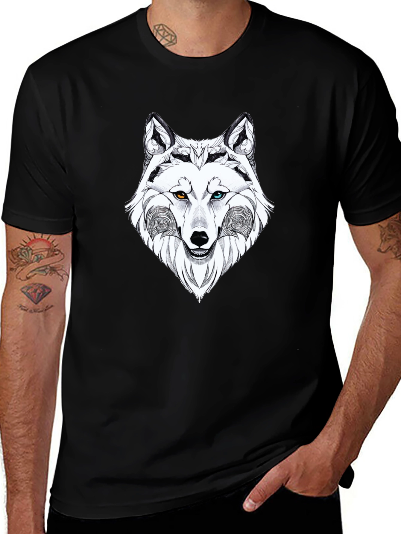 Wolf Graphic Black T-Shirt - Heterochromia Eyes