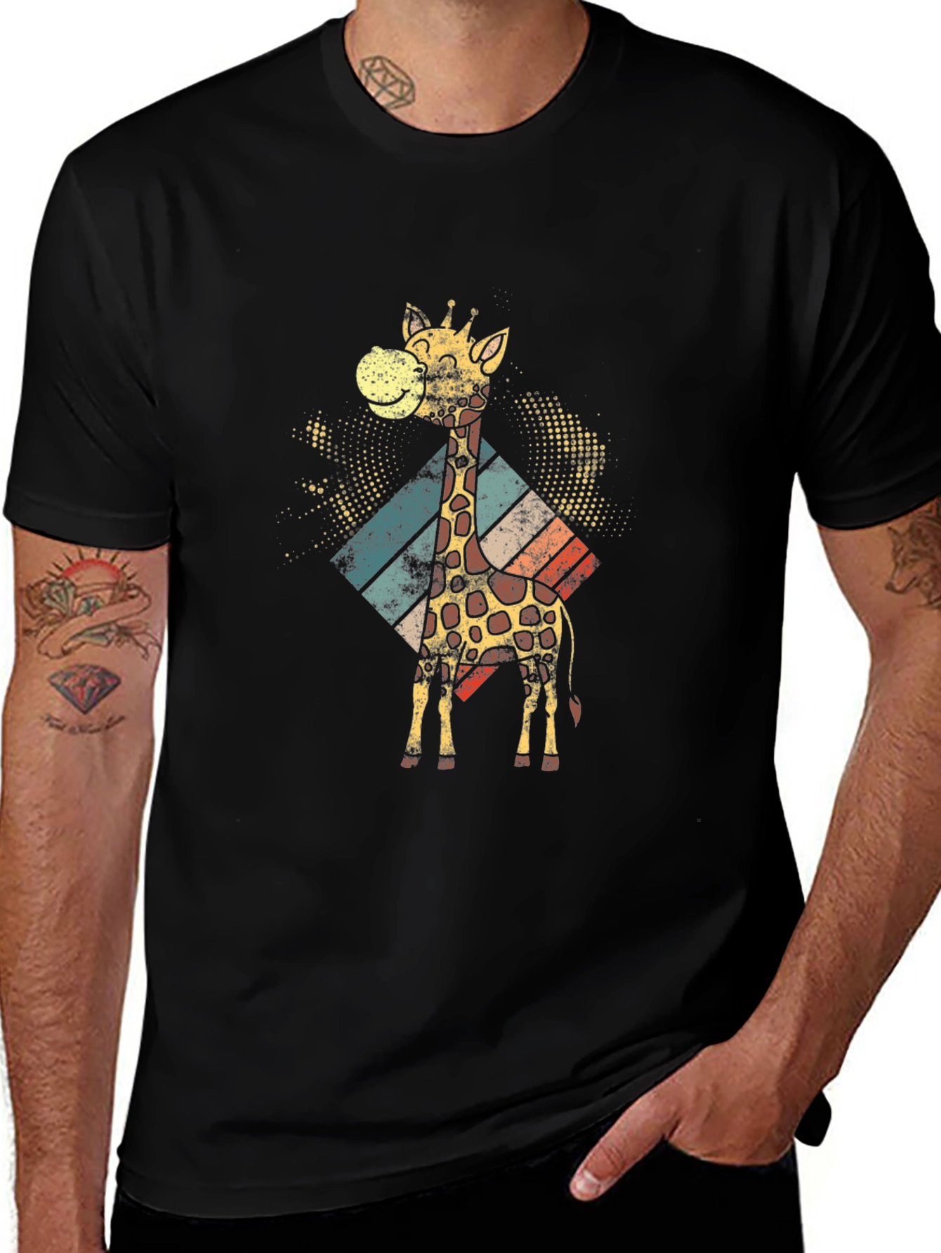 Retro Giraffe Graphic Tee - Black Cotton T-Shirt