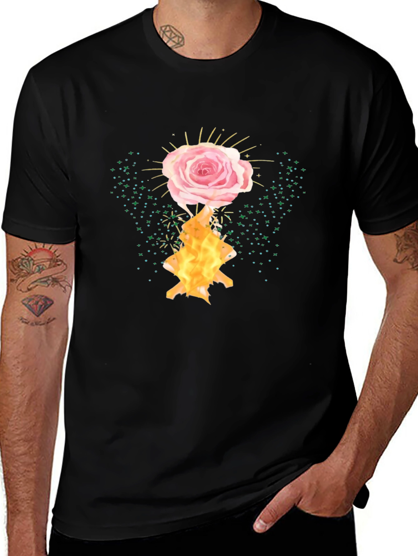 Rose and Flame Graphic Black T-Shirt