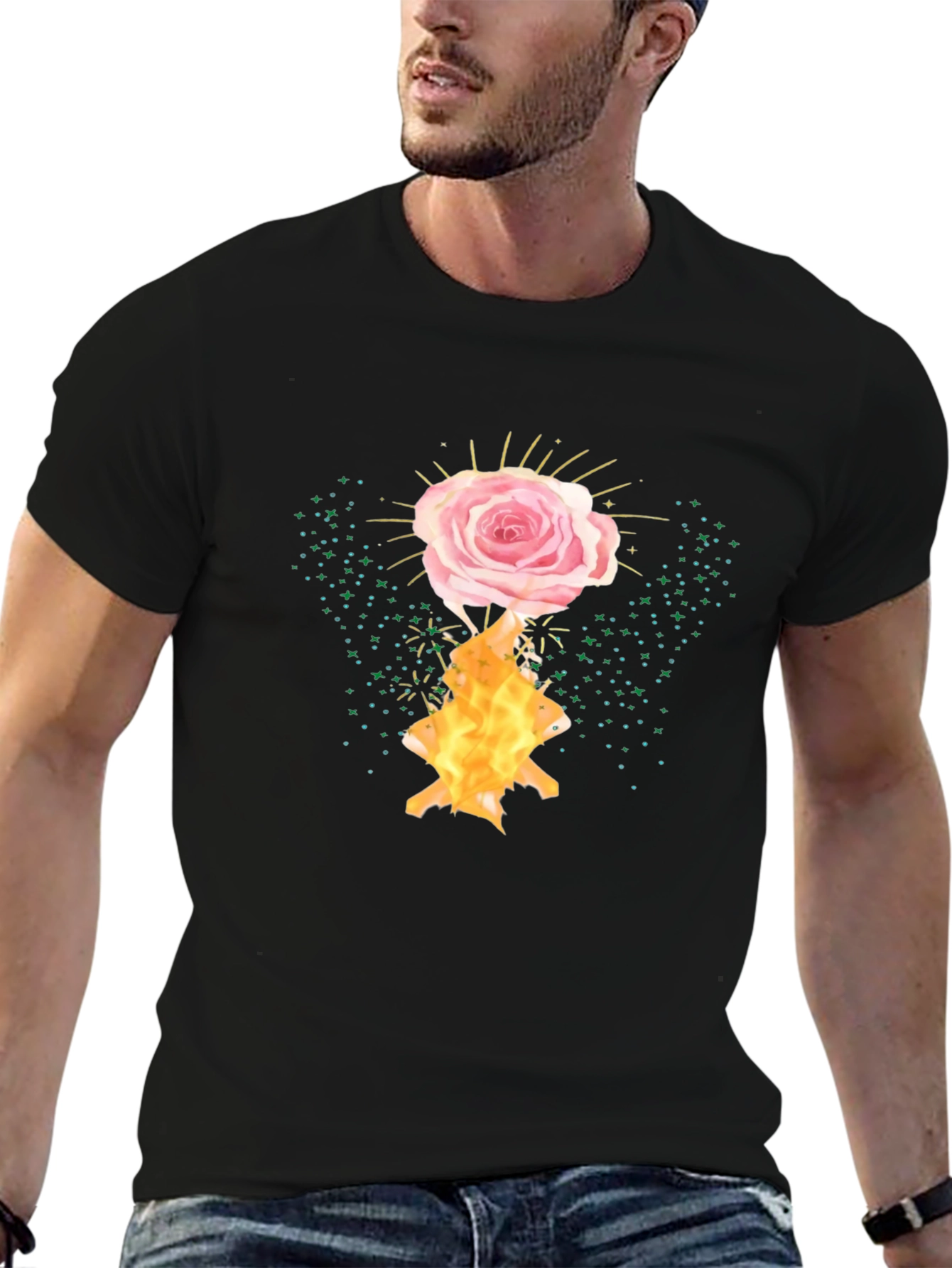 Rose and Flame Graphic Black T-Shirt