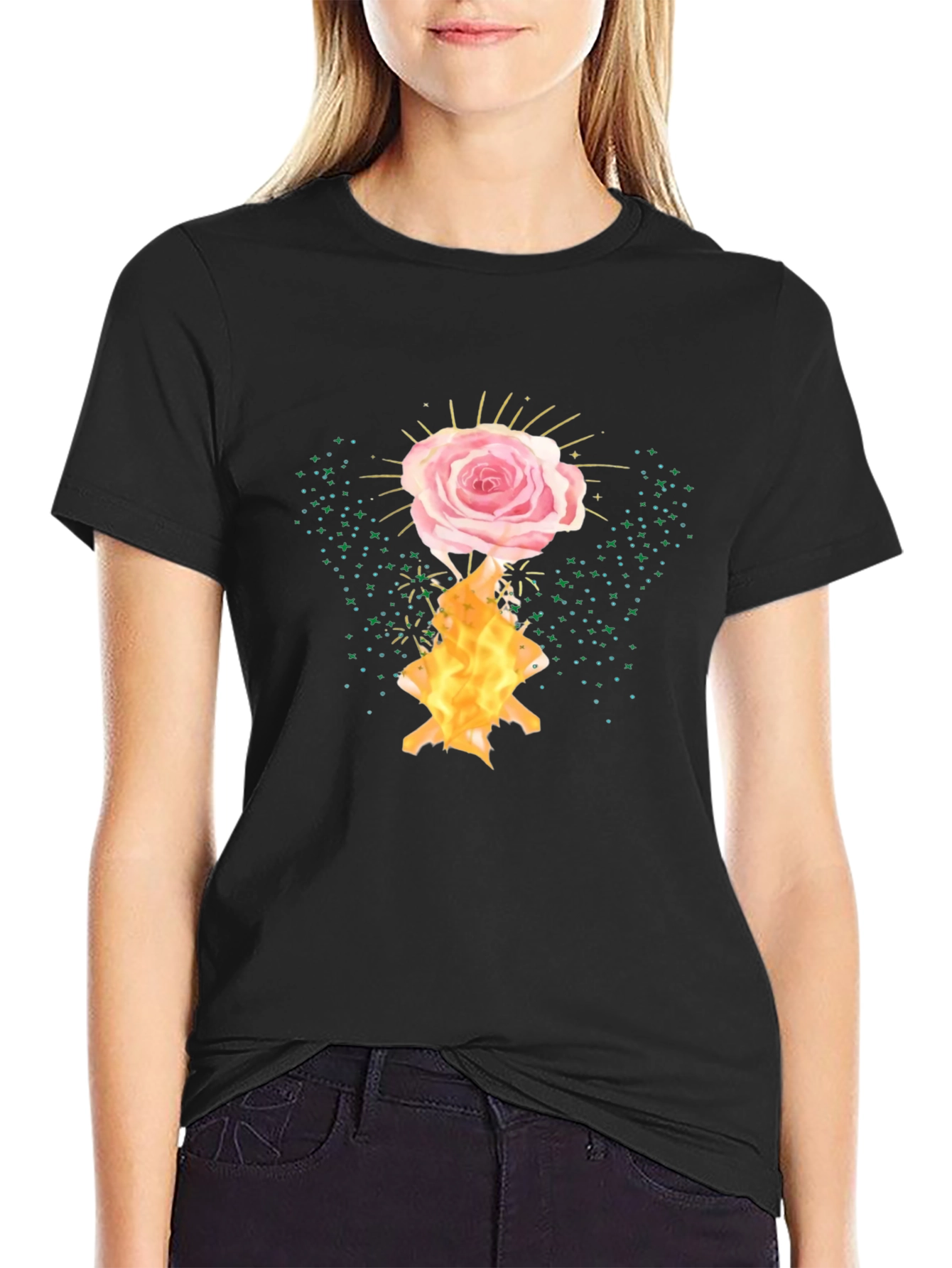 Rose and Flame Graphic Black T-Shirt