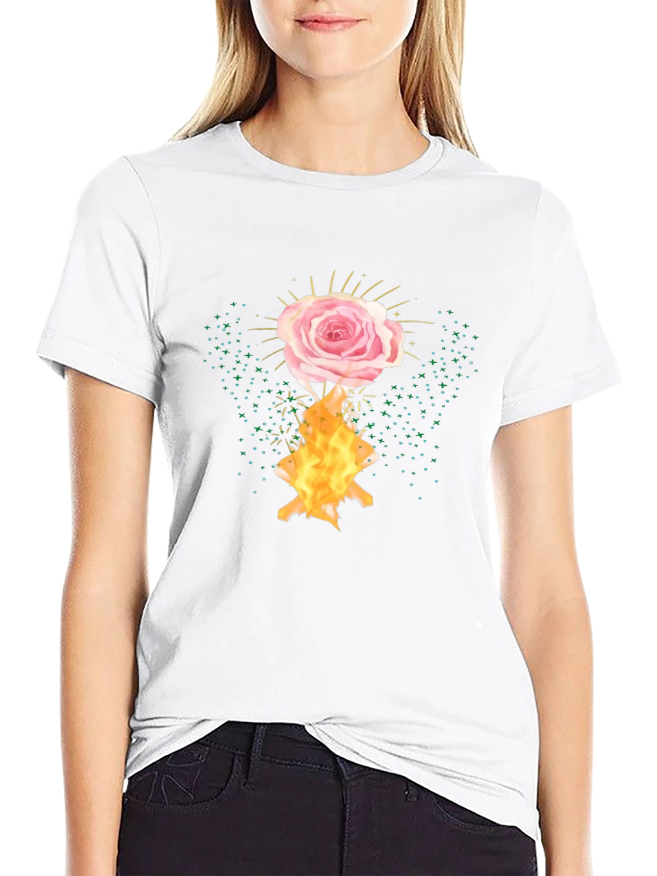Rose and Flame Graphic Black T-Shirt