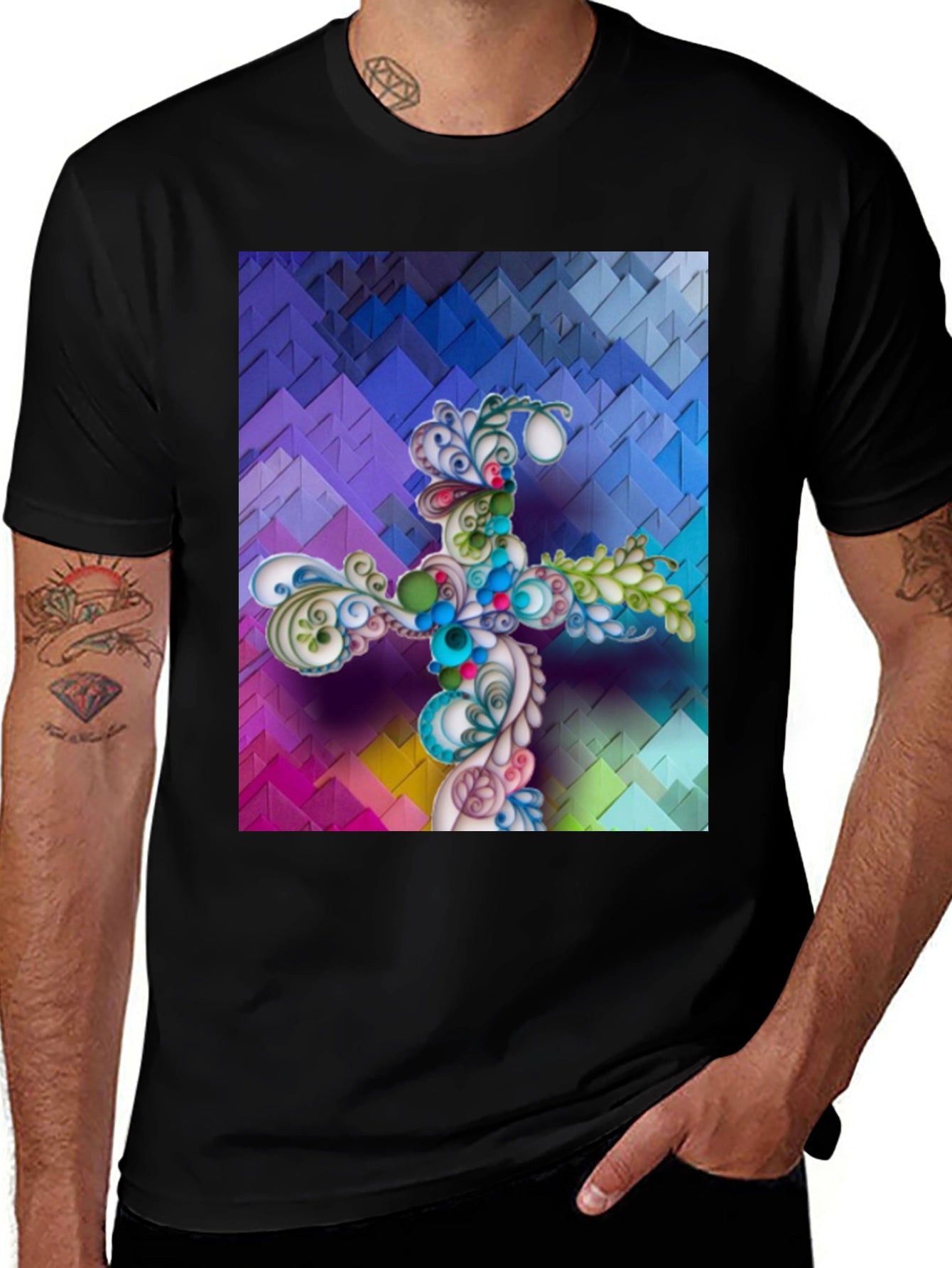 Artistic Floral Cross Graphic T-Shirt - Unique Design