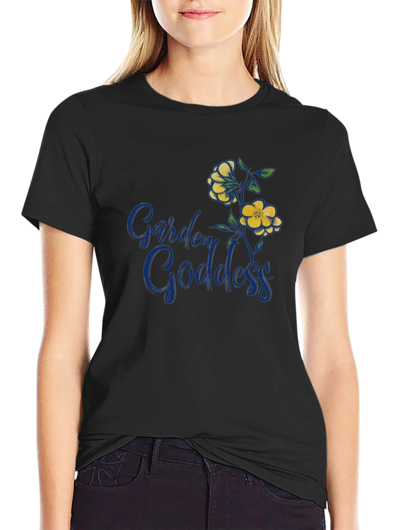Garden Goddess Graphic Tee - Black Cotton Shirt