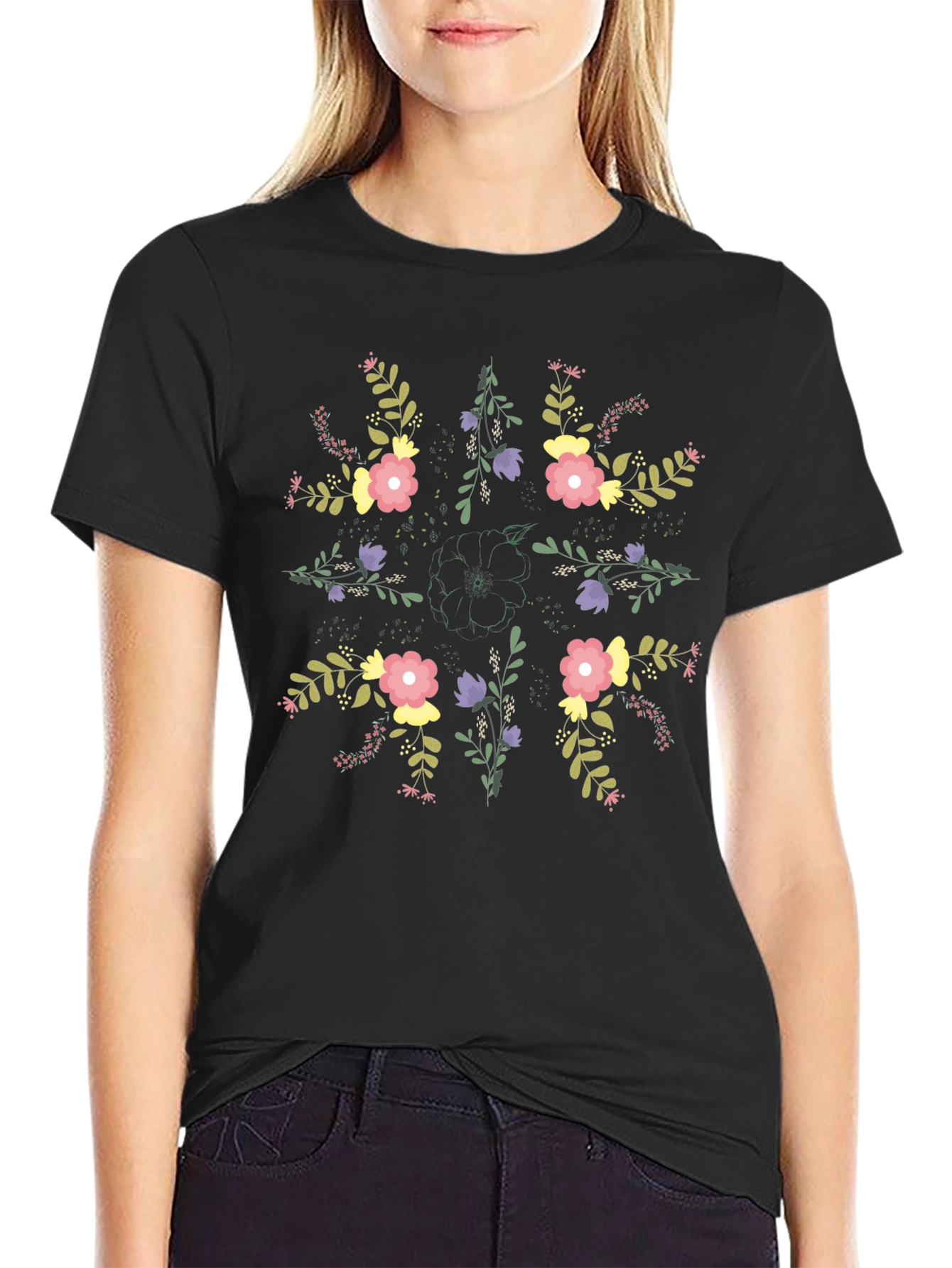 Floral Mandala Graphic Black T-Shirt