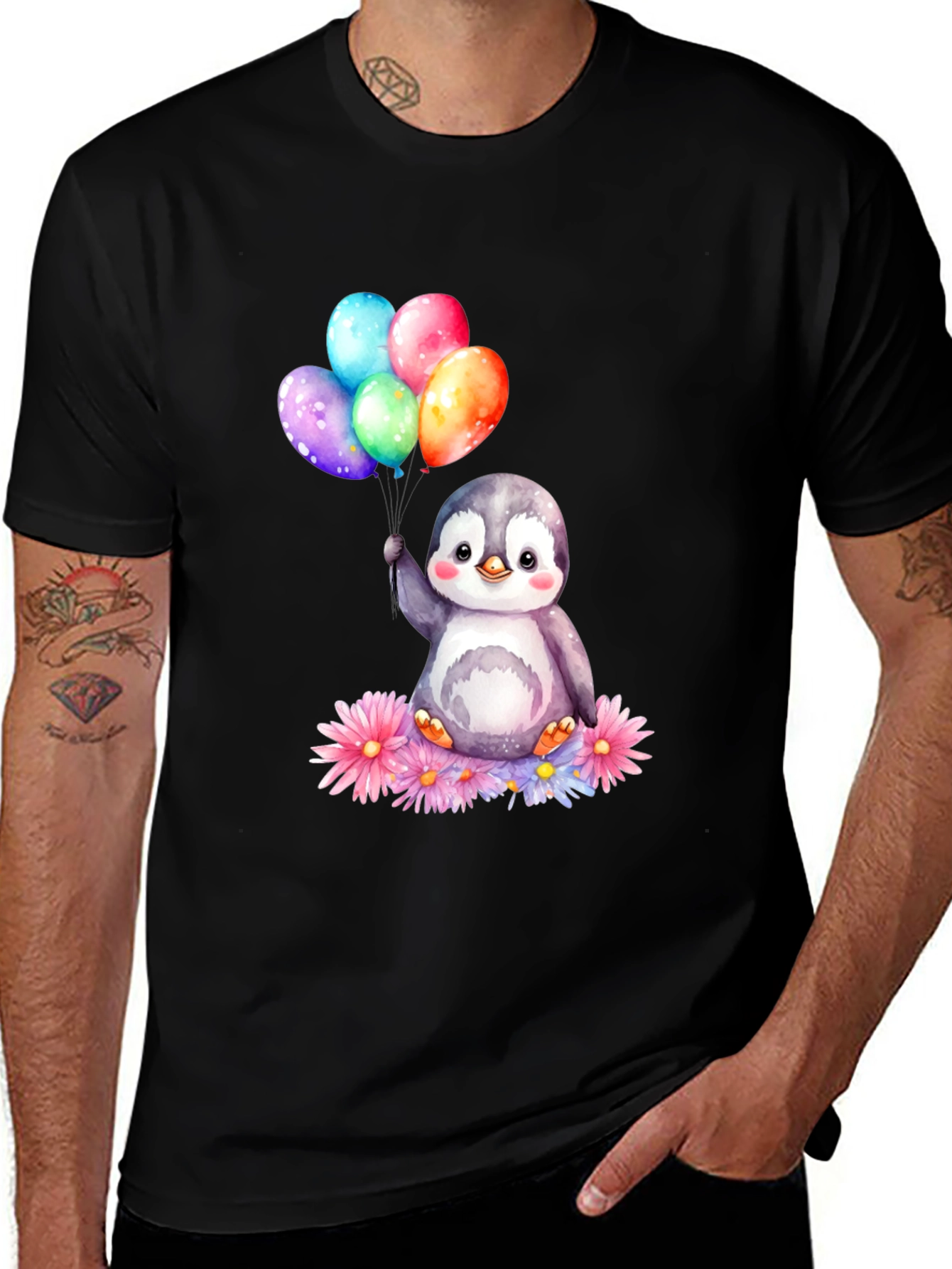 Cute Penguin with Balloons Graphic Tee
