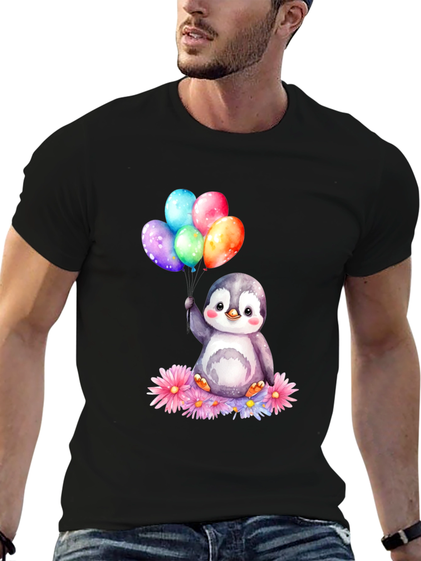 Cute Penguin with Balloons Graphic Tee