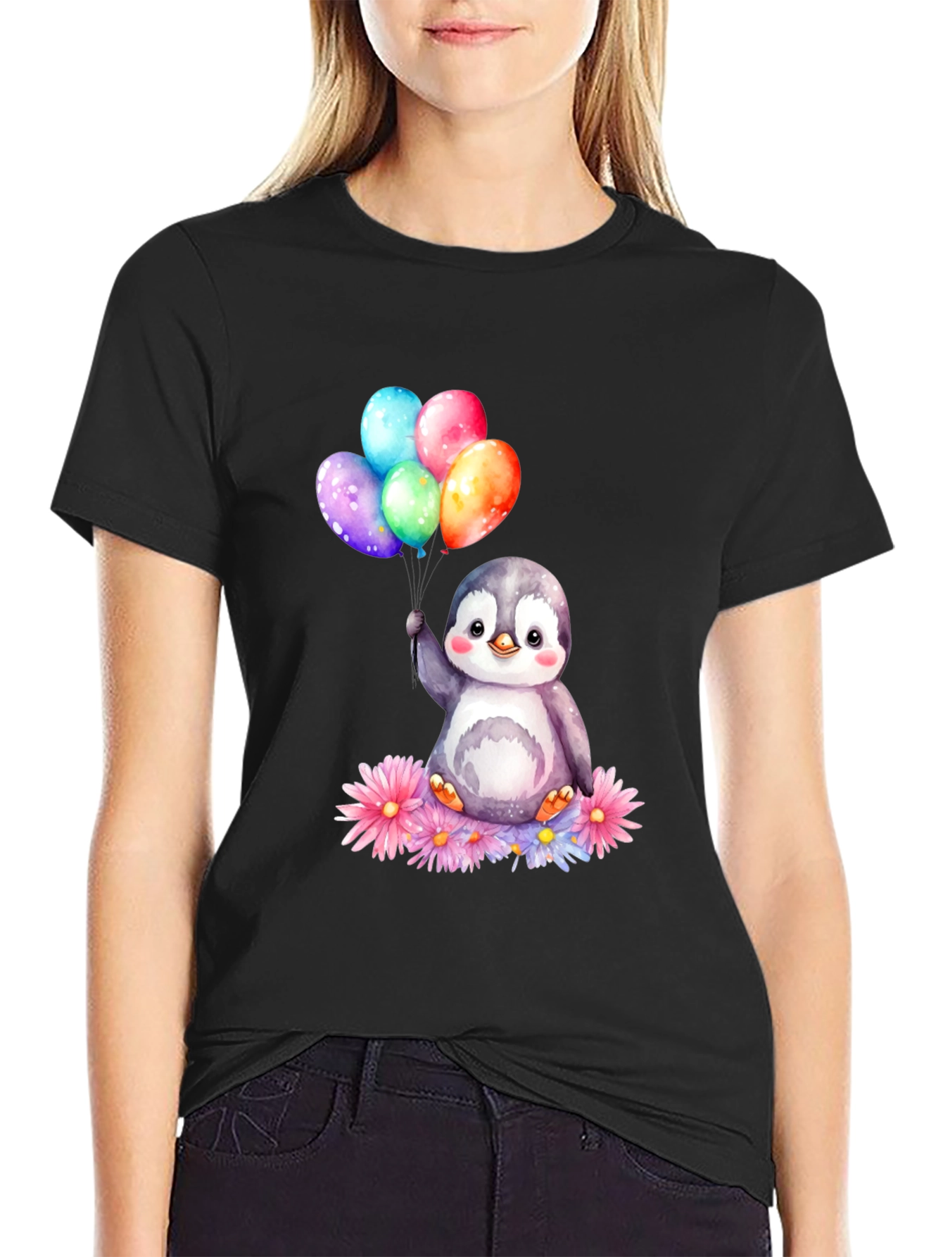 Cute Penguin with Balloons Graphic Tee