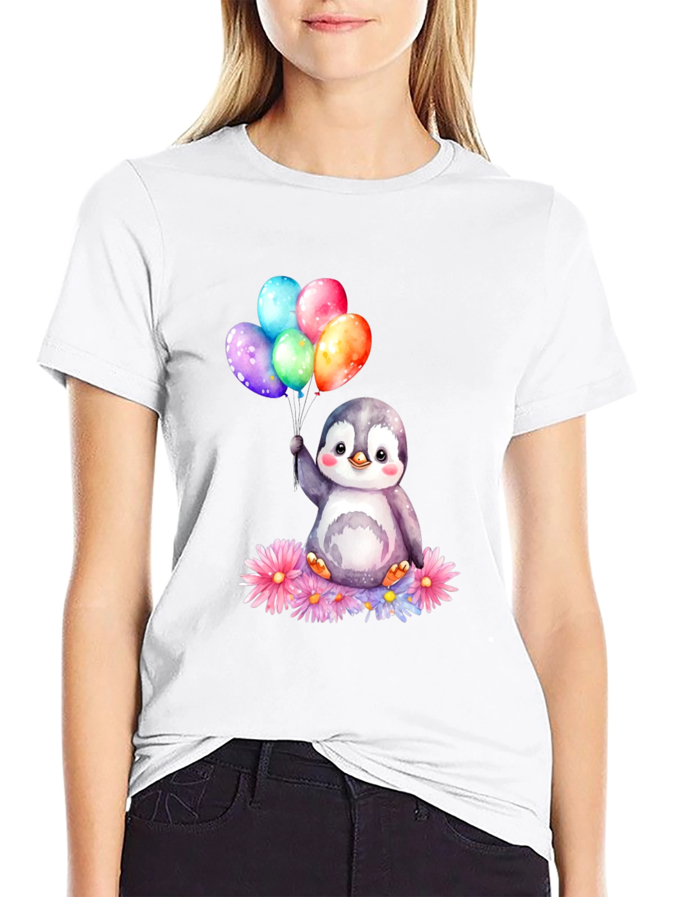 Cute Penguin with Balloons Graphic Tee