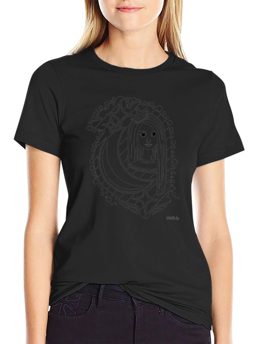 Black Graphic Tee with Moon & Stars Girl Design