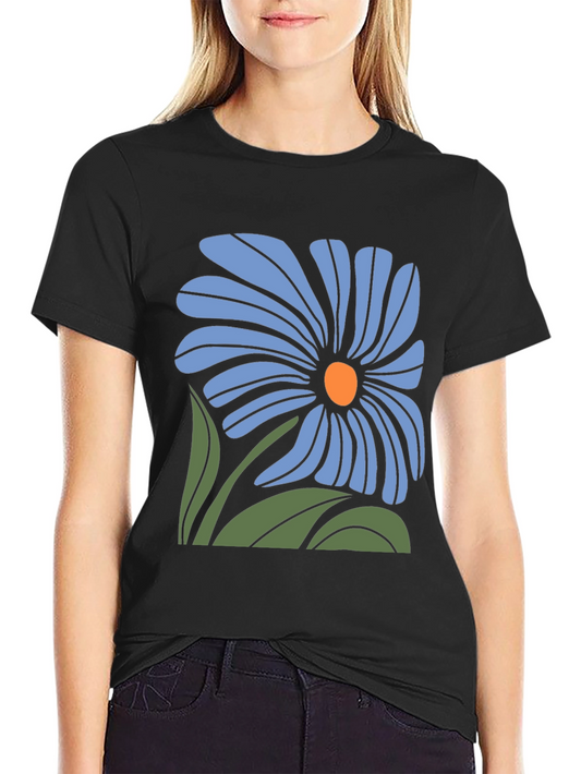Blue Flower Graphic Black T-Shirt