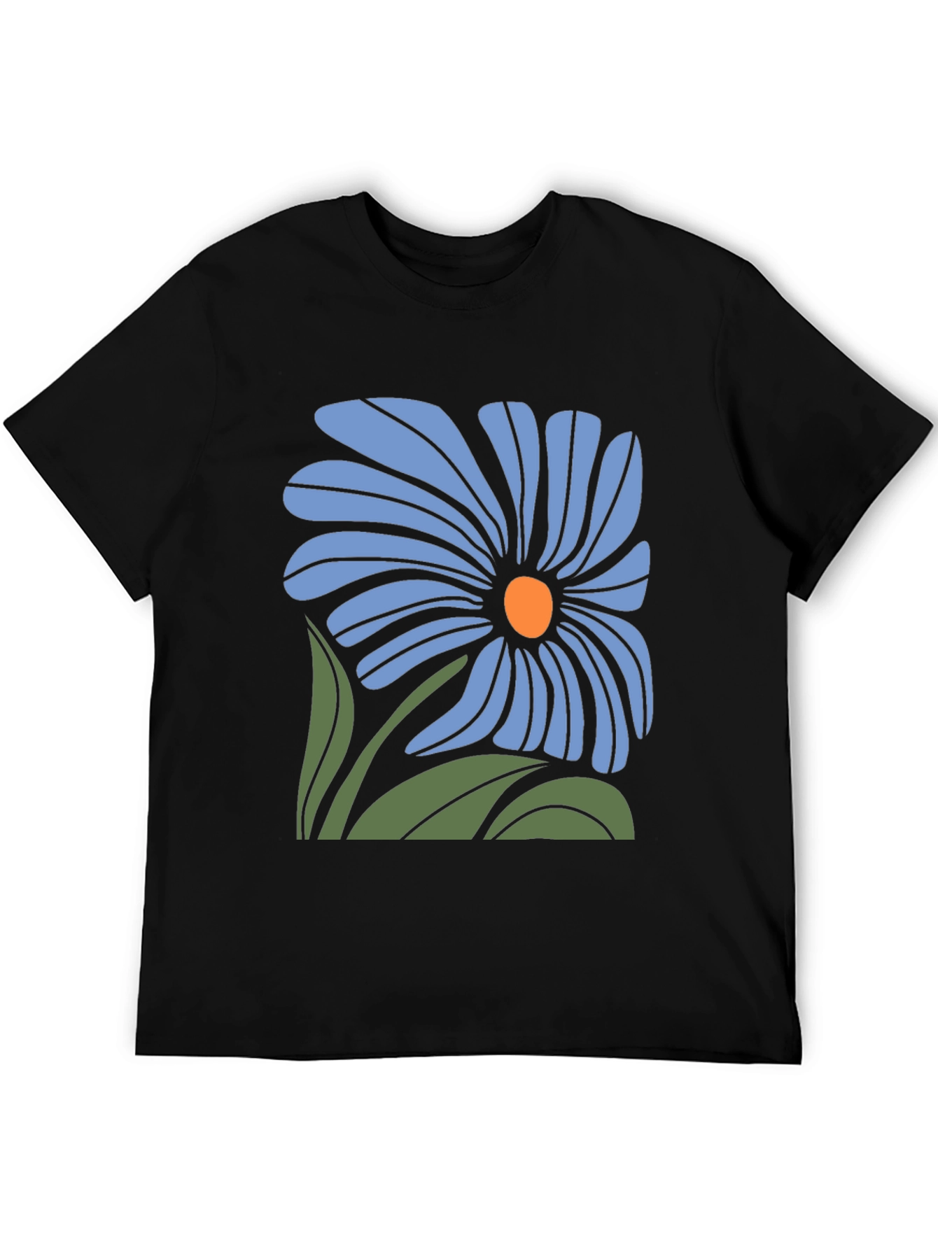 Blue Flower Graphic Black T-Shirt