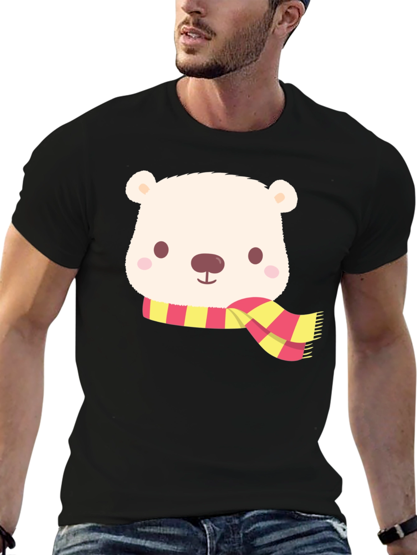 Cute Bear Scarf Black T-Shirt