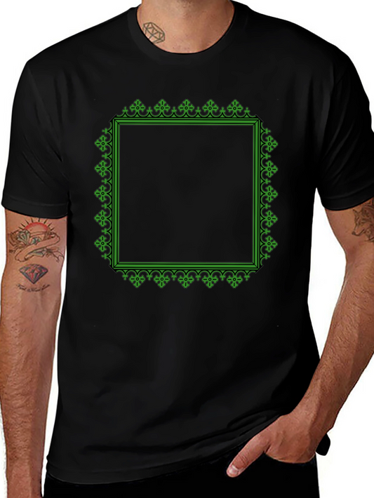 Black T-Shirt with Green Ornate Square Graphic
