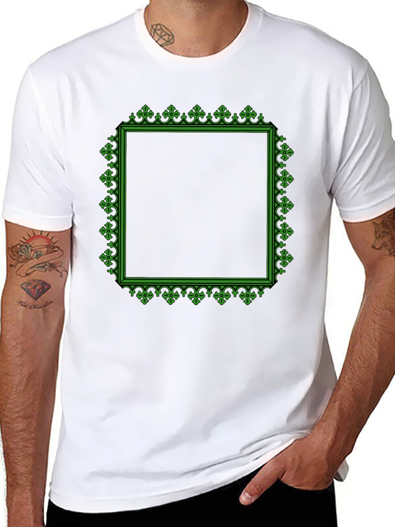 Black T-Shirt with Green Ornate Square Graphic