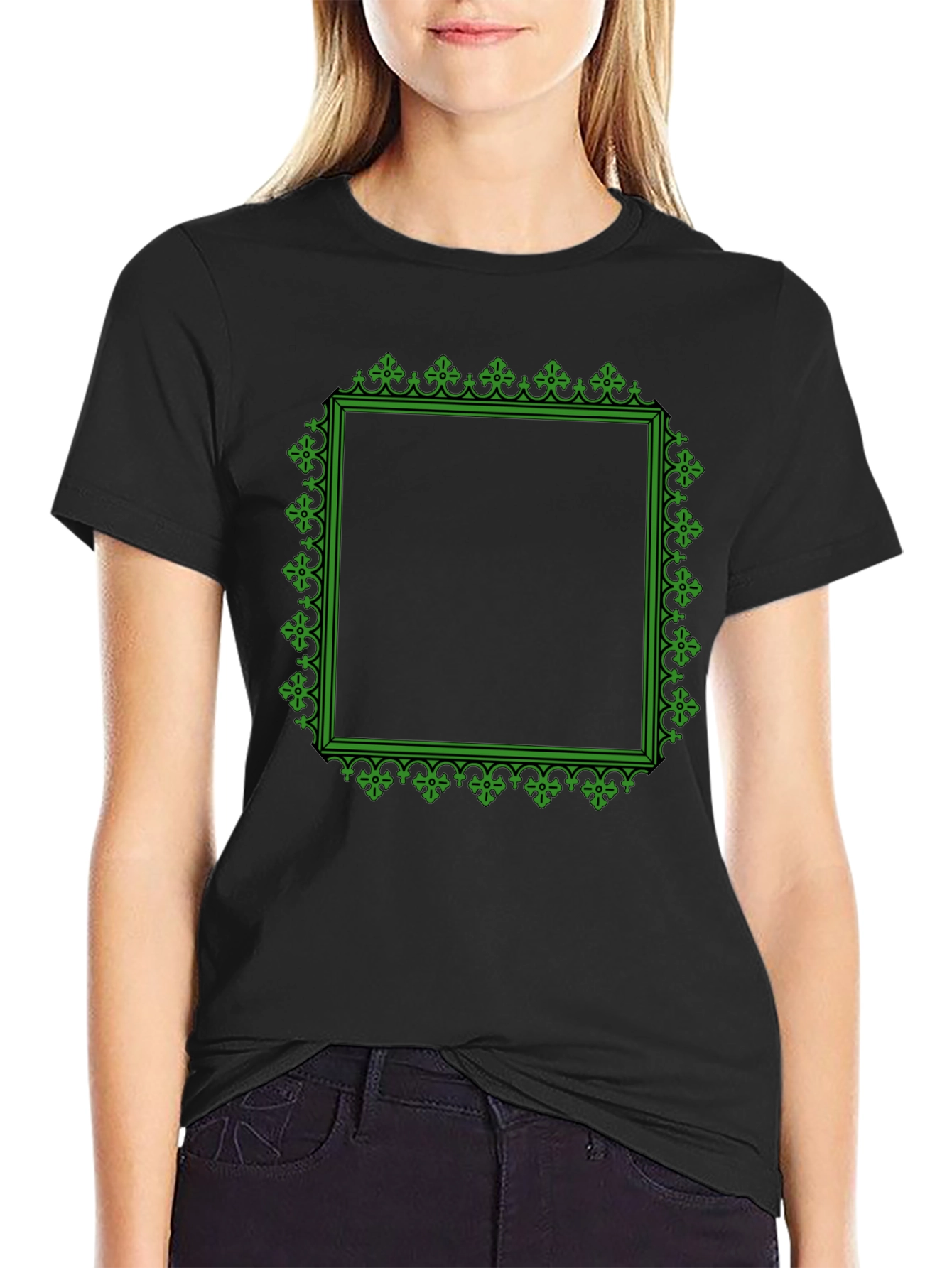 Black T-Shirt with Green Ornate Square Graphic