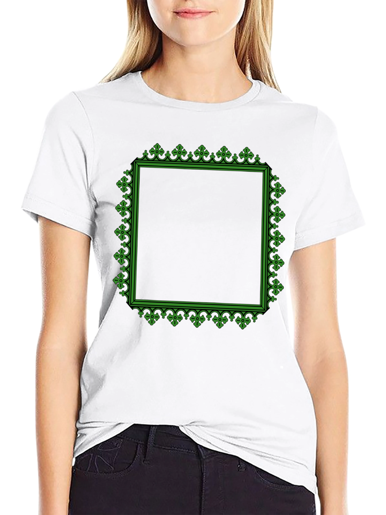 Black T-Shirt with Green Ornate Square Graphic