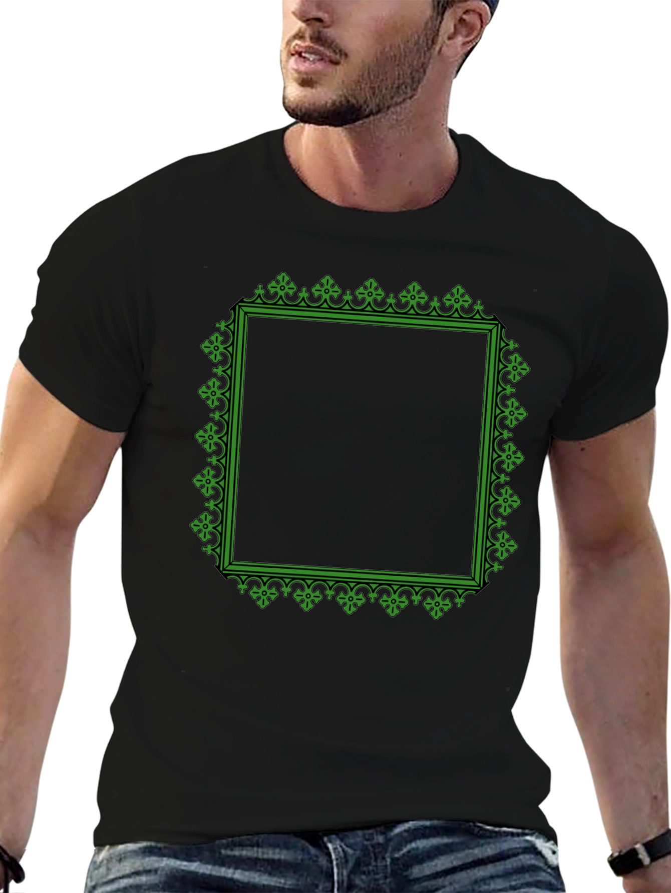 Black T-Shirt with Green Ornate Square Graphic
