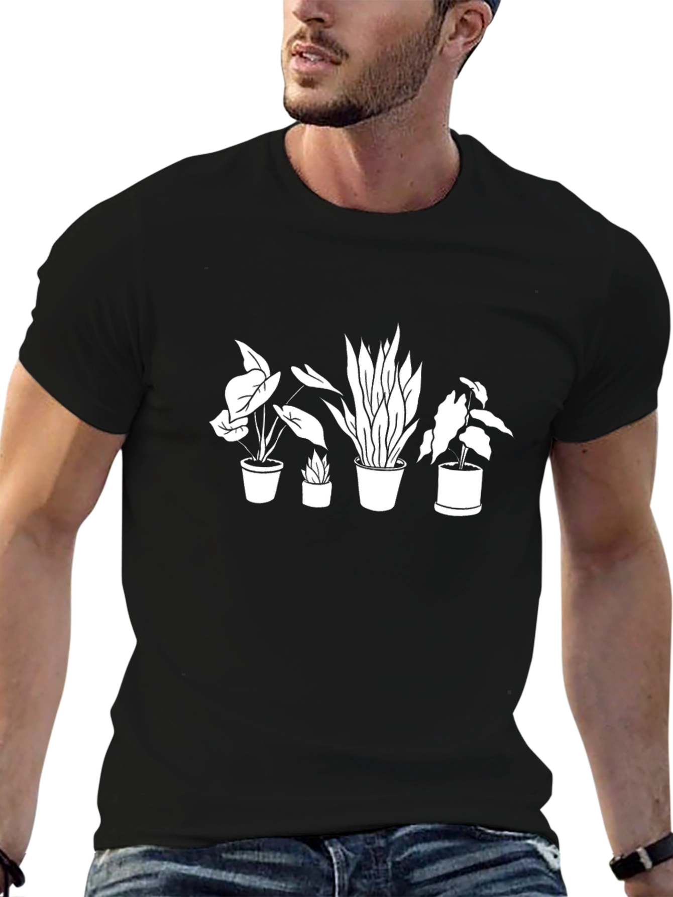 Stylish Potted Plants Graphic Tee - Black