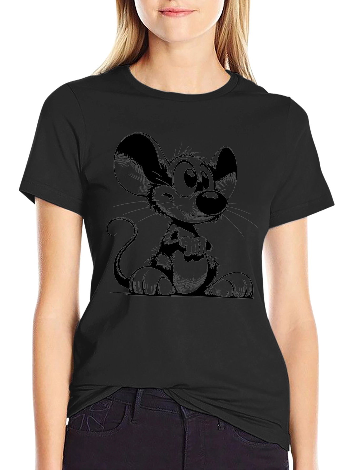 Cartoon Mouse Graphic Tee - Stylish Black T-Shirt