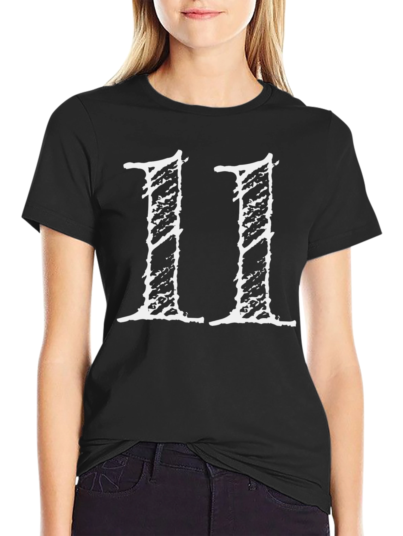 Black T-Shirt with White Distressed 11 Design