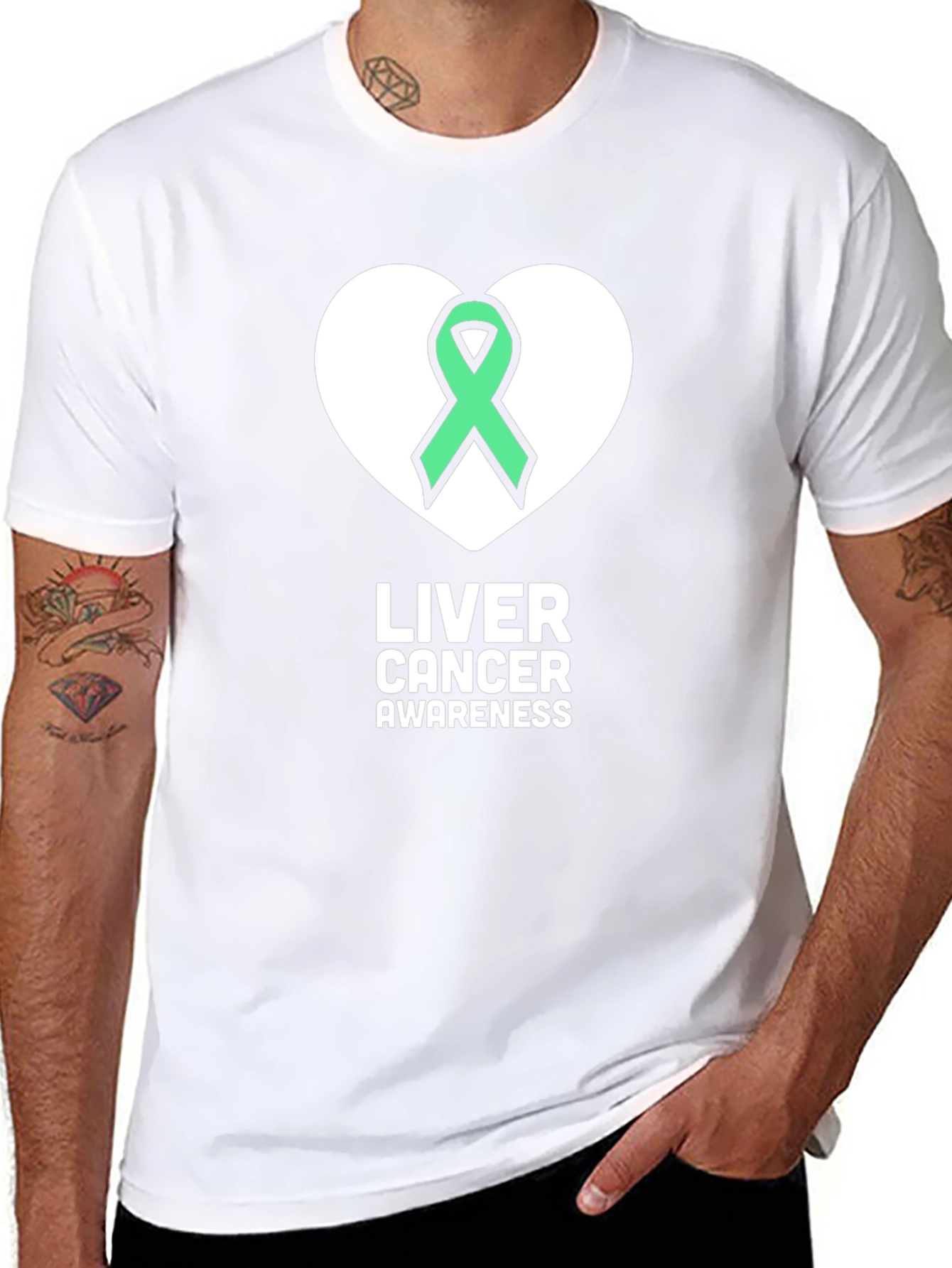 Liver Cancer Awareness T-Shirt - Green Ribbon Heart Design