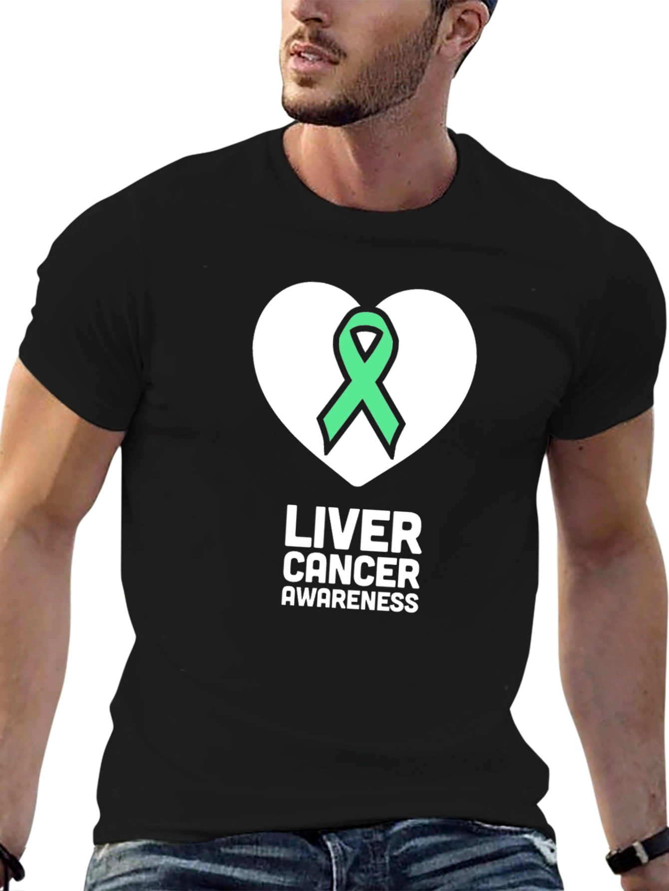 Liver Cancer Awareness T-Shirt - Green Ribbon Heart Design