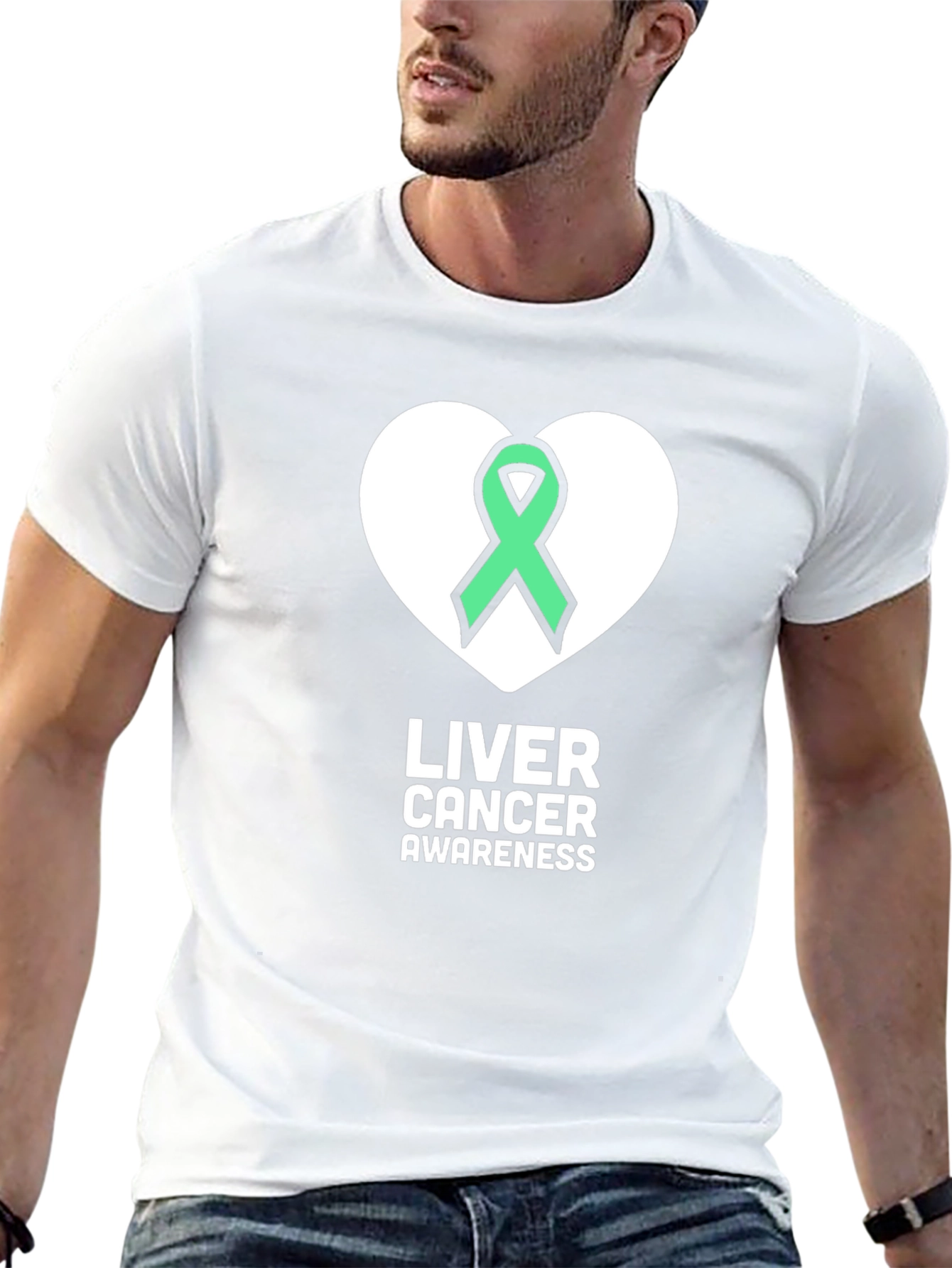 Liver Cancer Awareness T-Shirt - Green Ribbon Heart Design