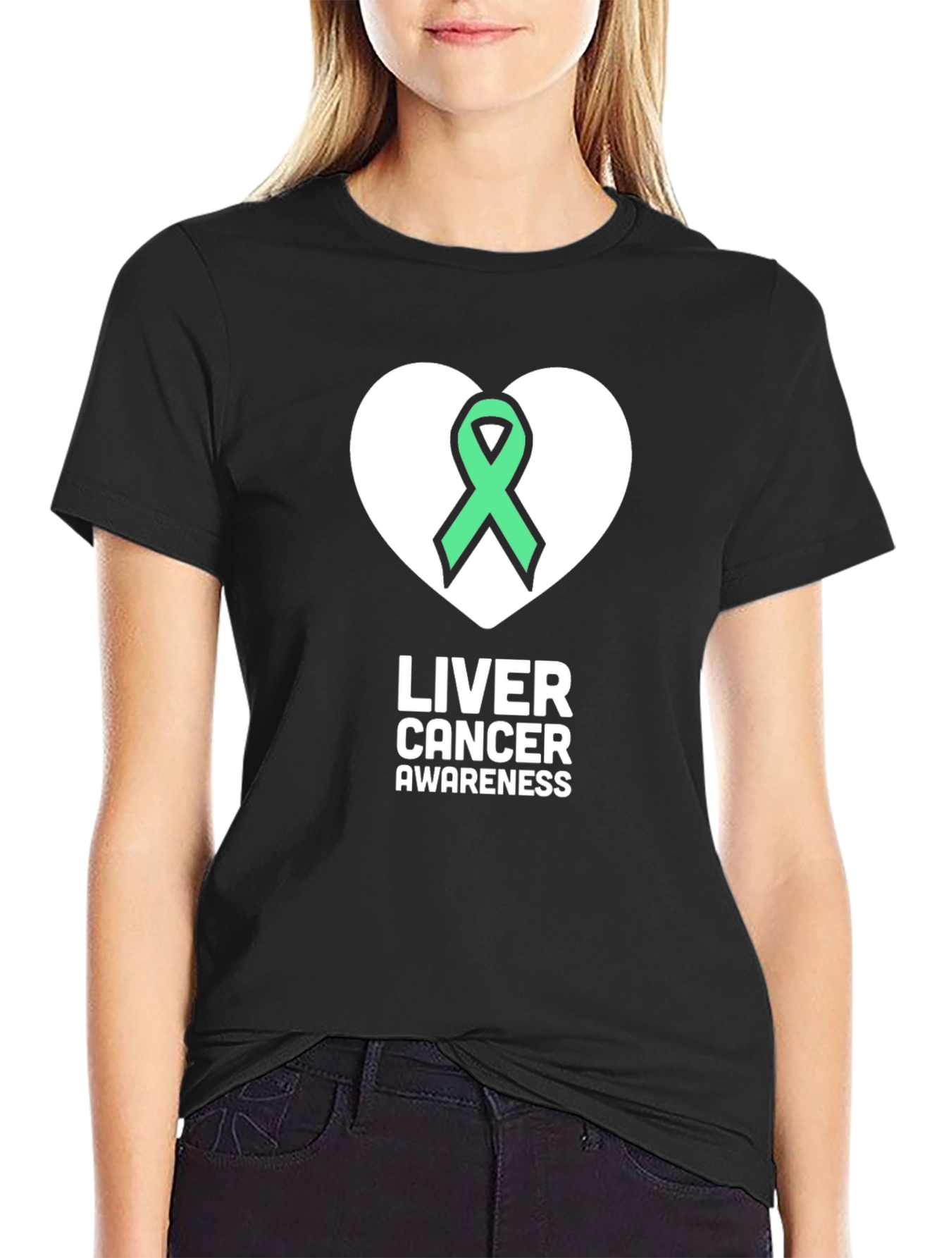 Liver Cancer Awareness T-Shirt - Green Ribbon Heart Design