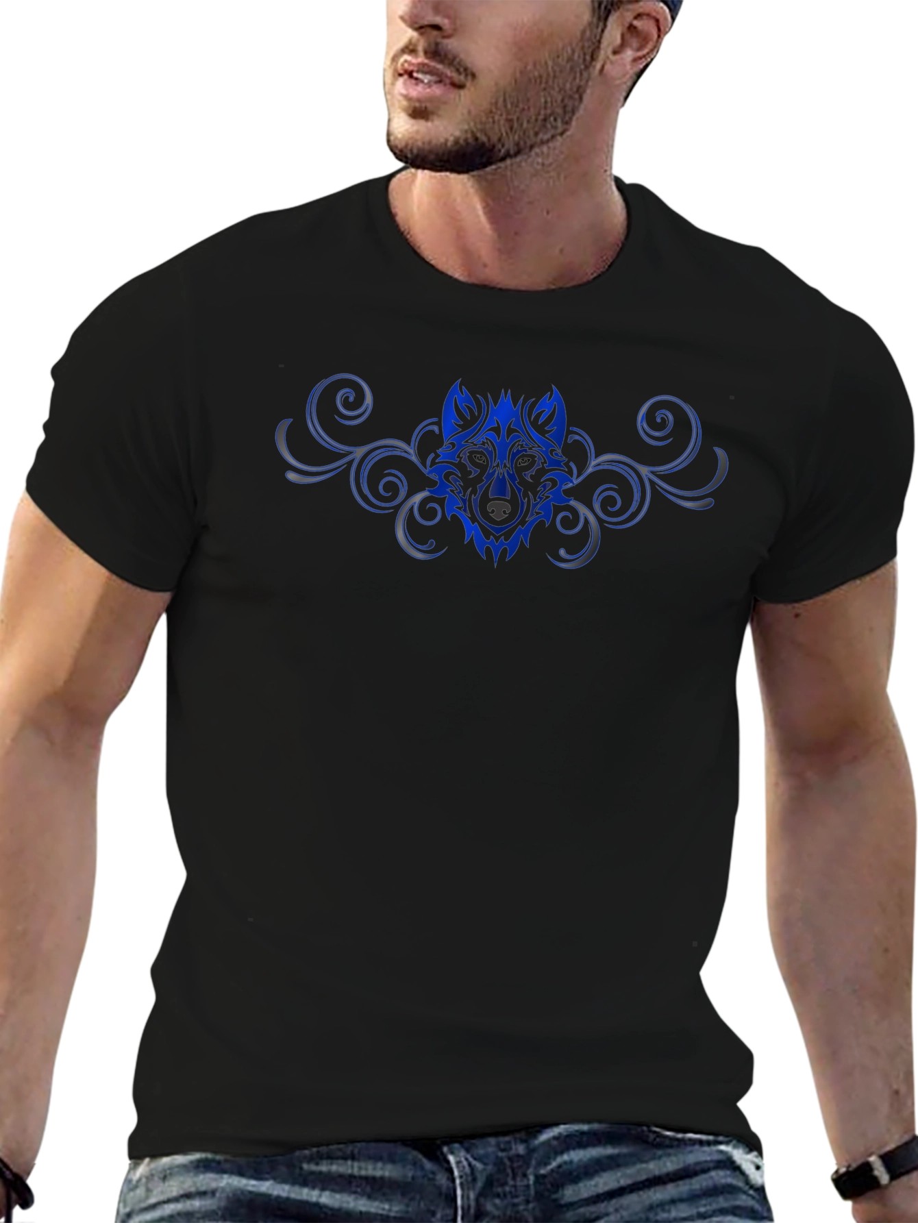 Tribal Wolf Graphic Print Black T-Shirt