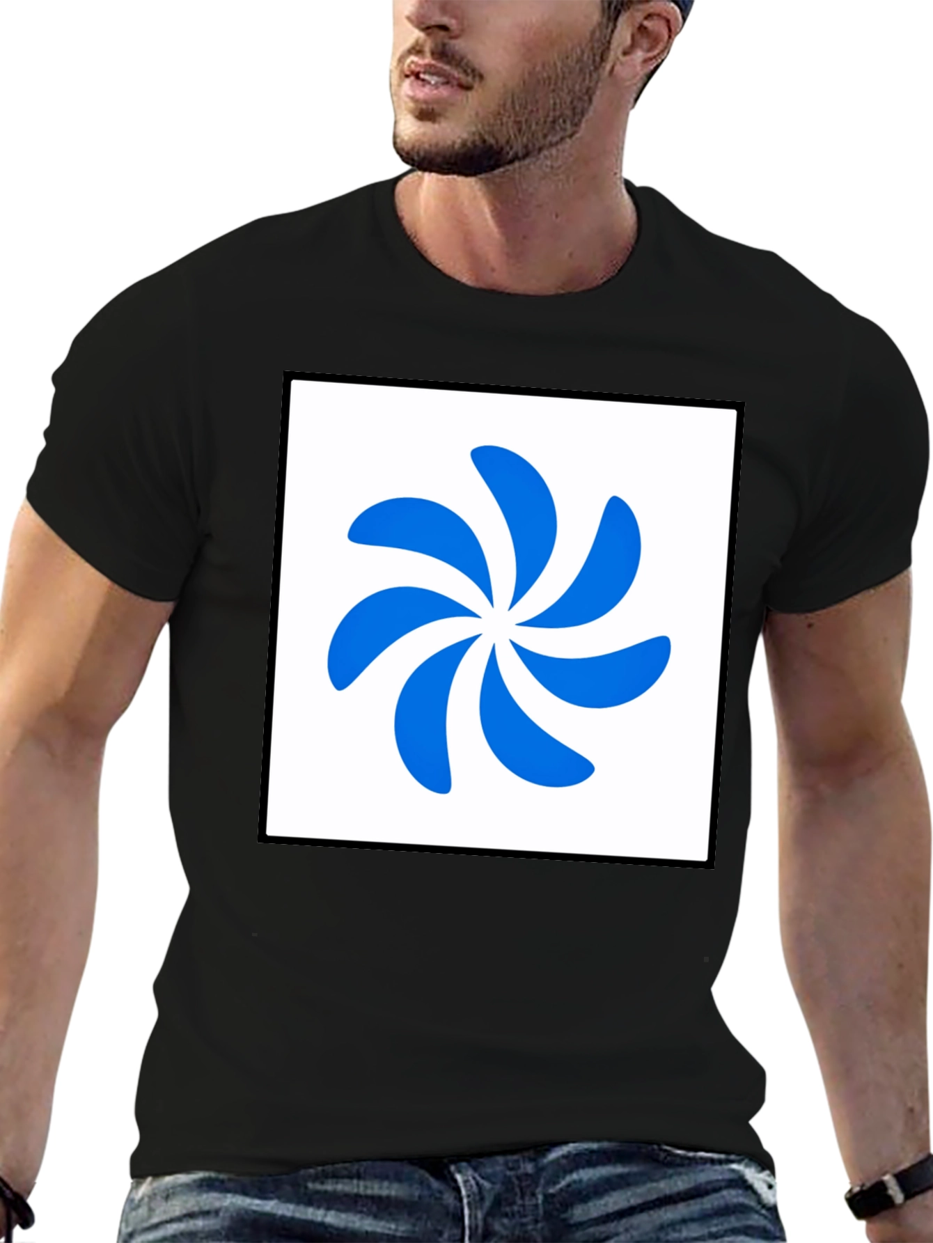 Stylish Black T-Shirt with Abstract Blue Swirl Design